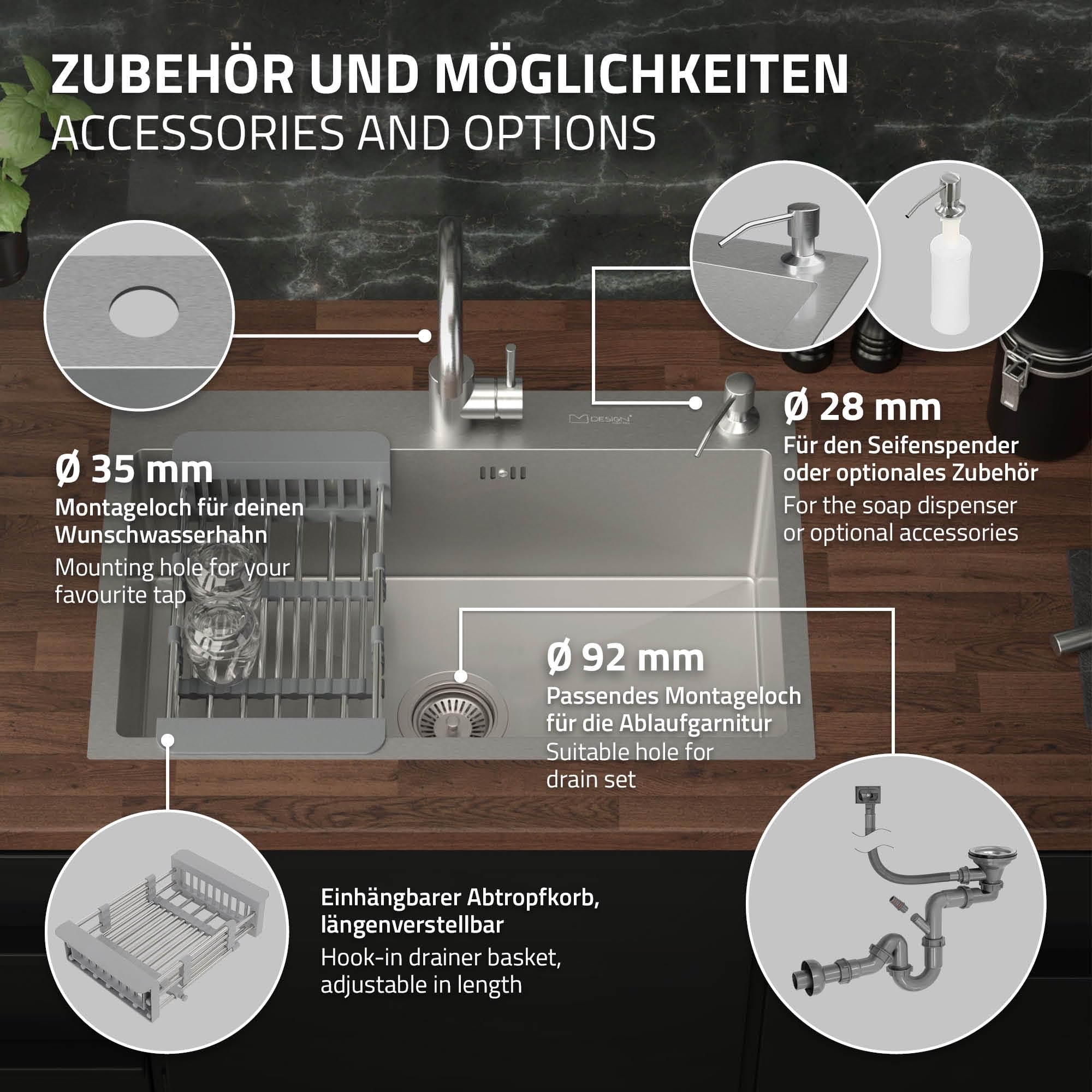 ML-Design Zlewozmywak kuchenny, 68 x 45 cm, z odpływem, dozownikiem mydła i koszem na ociekacz, ze stali nierdzewnej, srebrny, zlewozmywak z umywalką, montaż do zabudowy, umywalka domowa