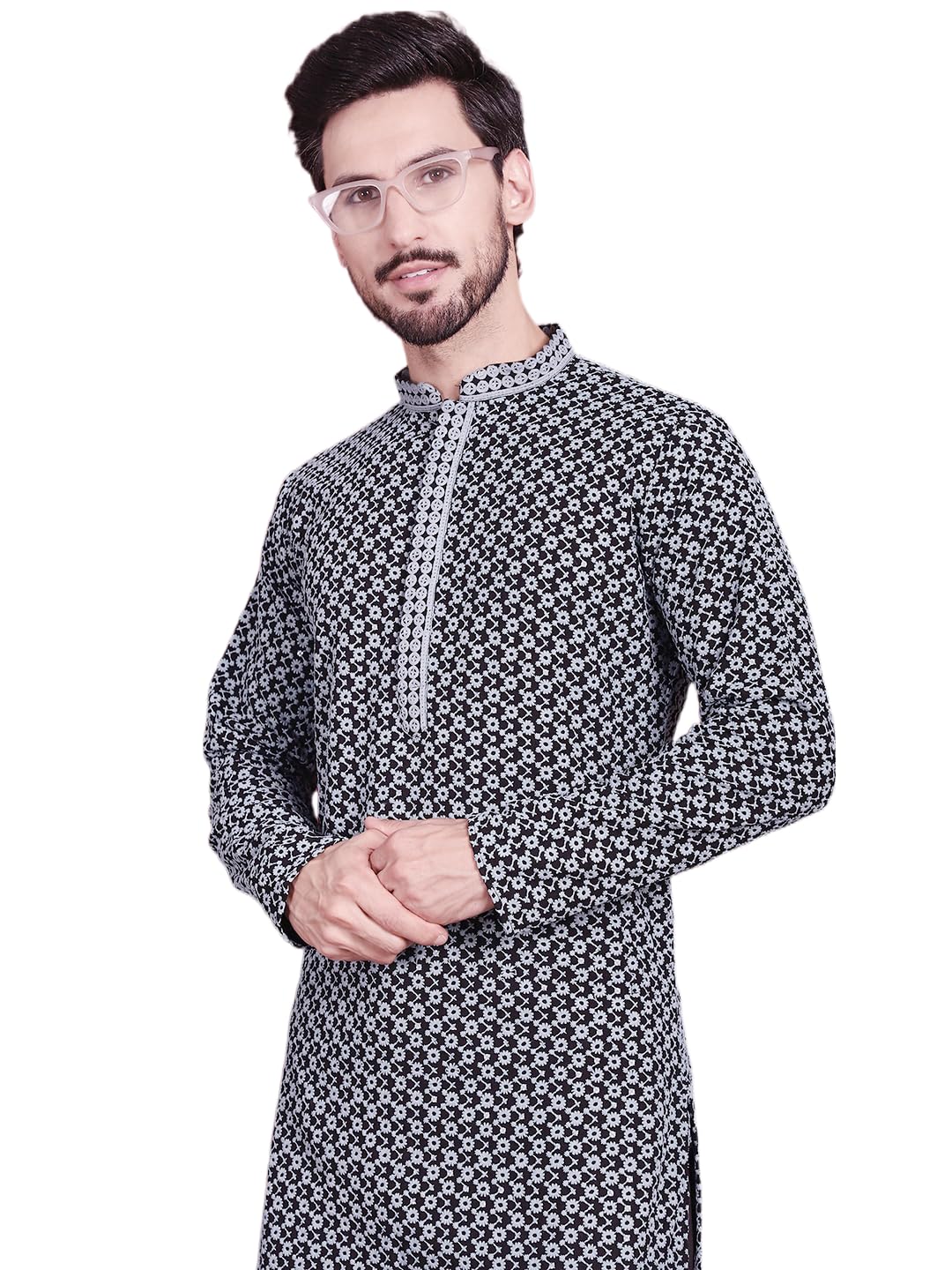 Jompers Men's Sequins Embroidered Kurtas (Grey, M)