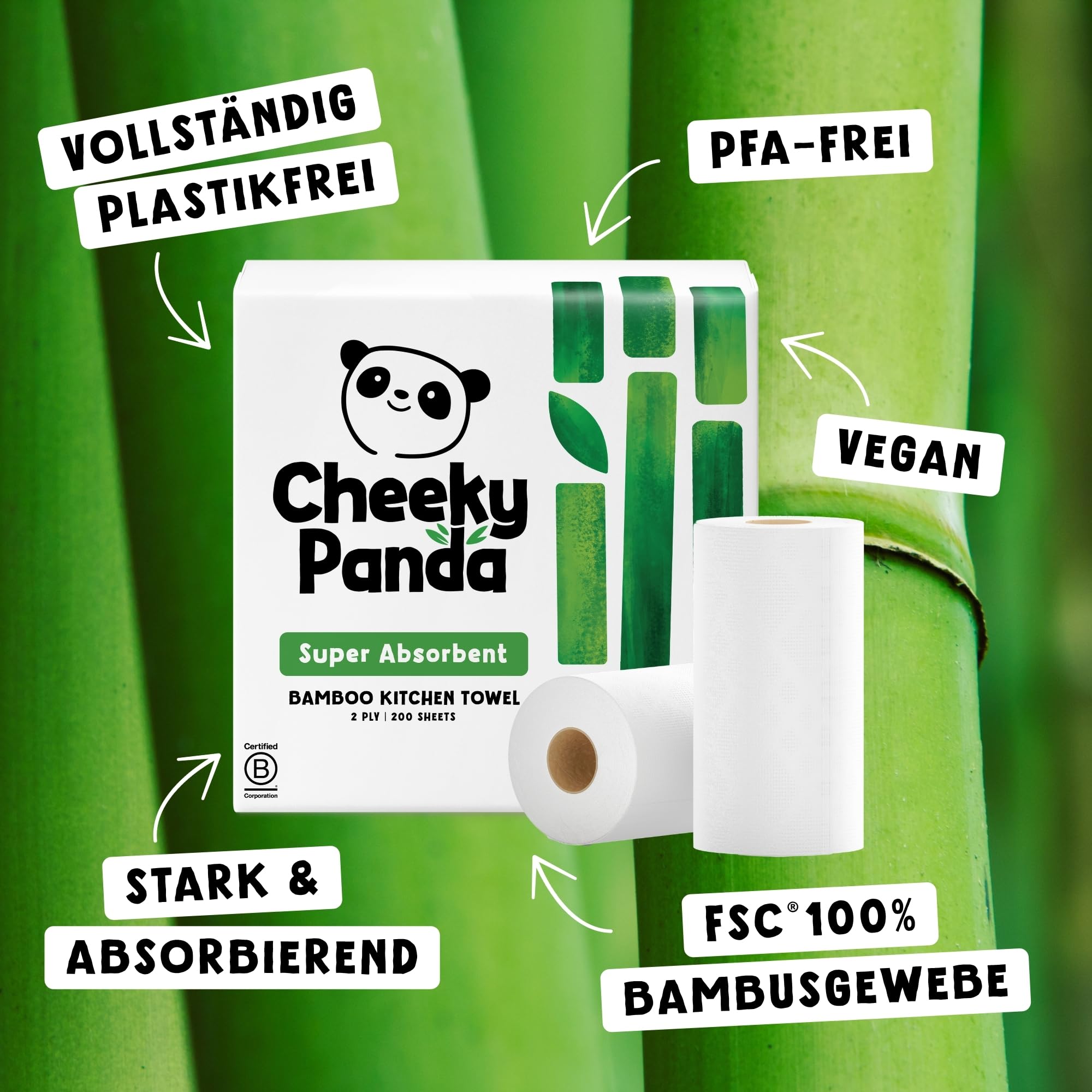 The Cheeky Panda Essuie tout Gros Rouleau | Bambou | 2 épaisseur | 1000 Feuilles | 10 Unités | Ultra Absorbant et écologique