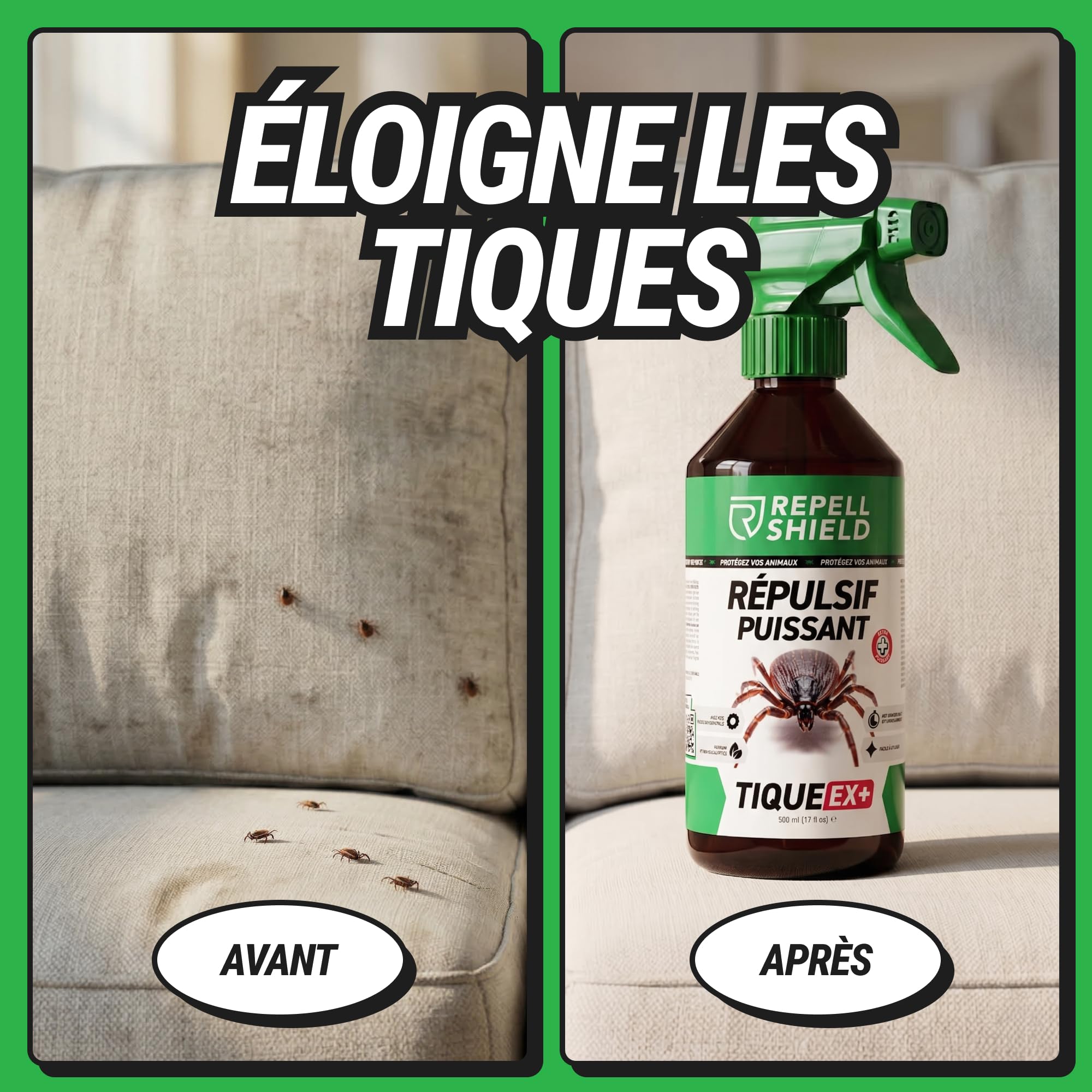 RepellShield® Spray Anti Tique Humain -500ml- Protection Cutanée & Textile - Non Tachant - Usage Intérieur & Extérieur - Solution Multi-Usage Anti Tiques avec Extrait de Chrysanthème