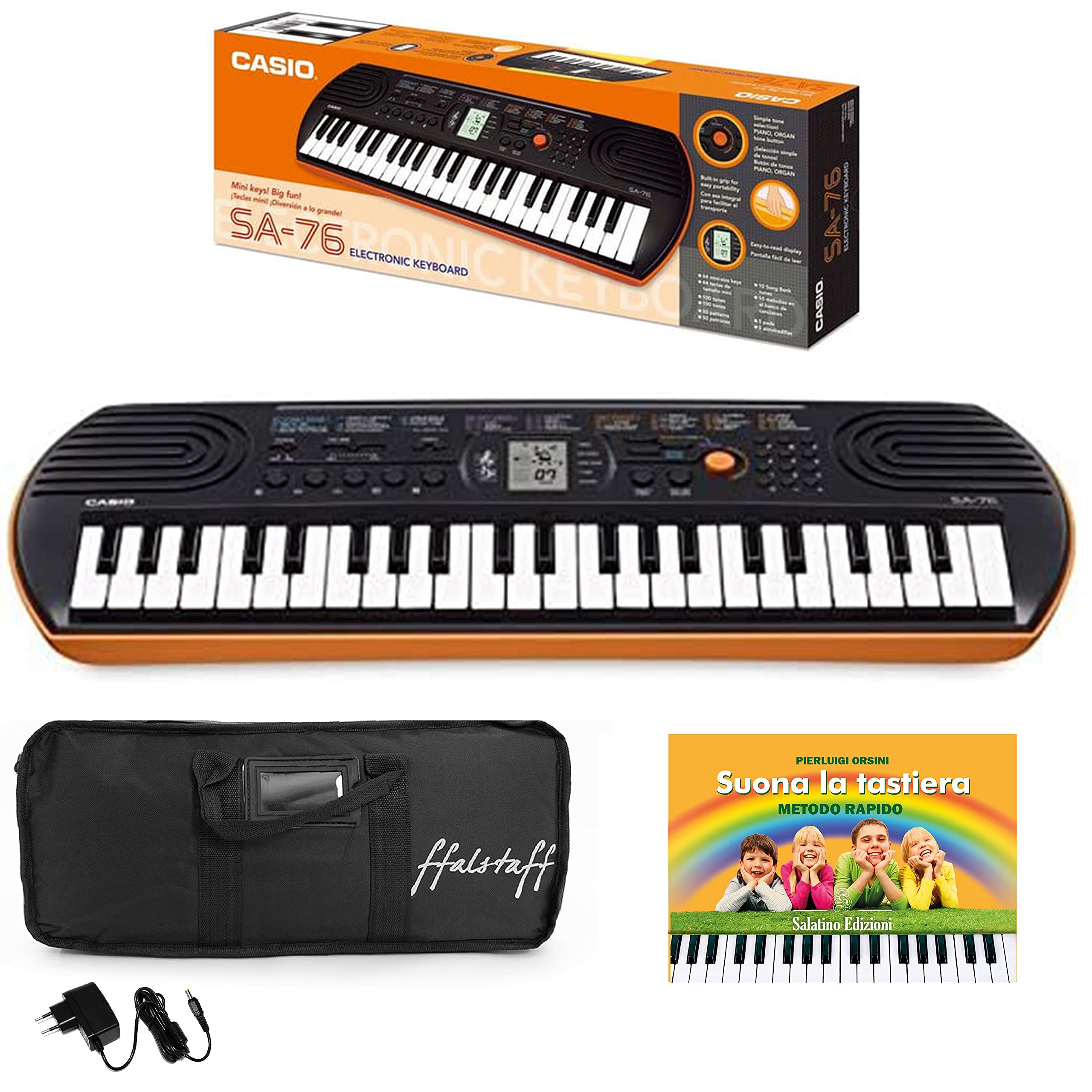 Kit Pianola Tastiera Casio SA76 (Fondo arancione) con Borsa ffalstaff ®, Alimentatore e E-book "Suona la Tastiera"