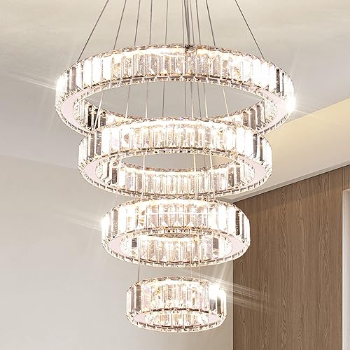 YPQXYHDA Candelabro de cristal moderno LED con 4 anillos ajustables para techo lámpara colgante para comedor dormitorio sala de estar 3 colores de