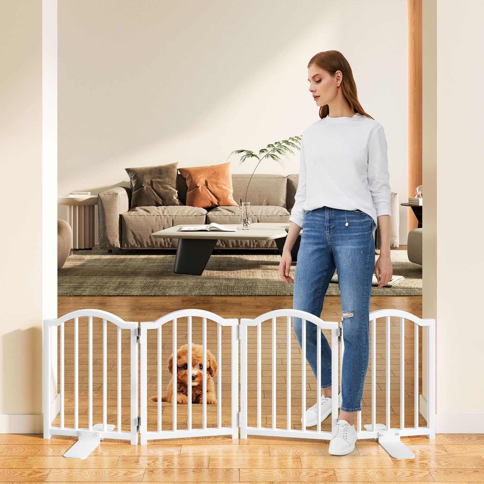 Photo 1 of Snughome Short Dog Gate Indoor, 16" High Freestanding Small Dog Door Gates with Support Feet, Expands Up to 48’’ Wide Foldable Pet Gate for Doorway, 4 Panel Folding Pet Door Pet Fence for Puppy, White