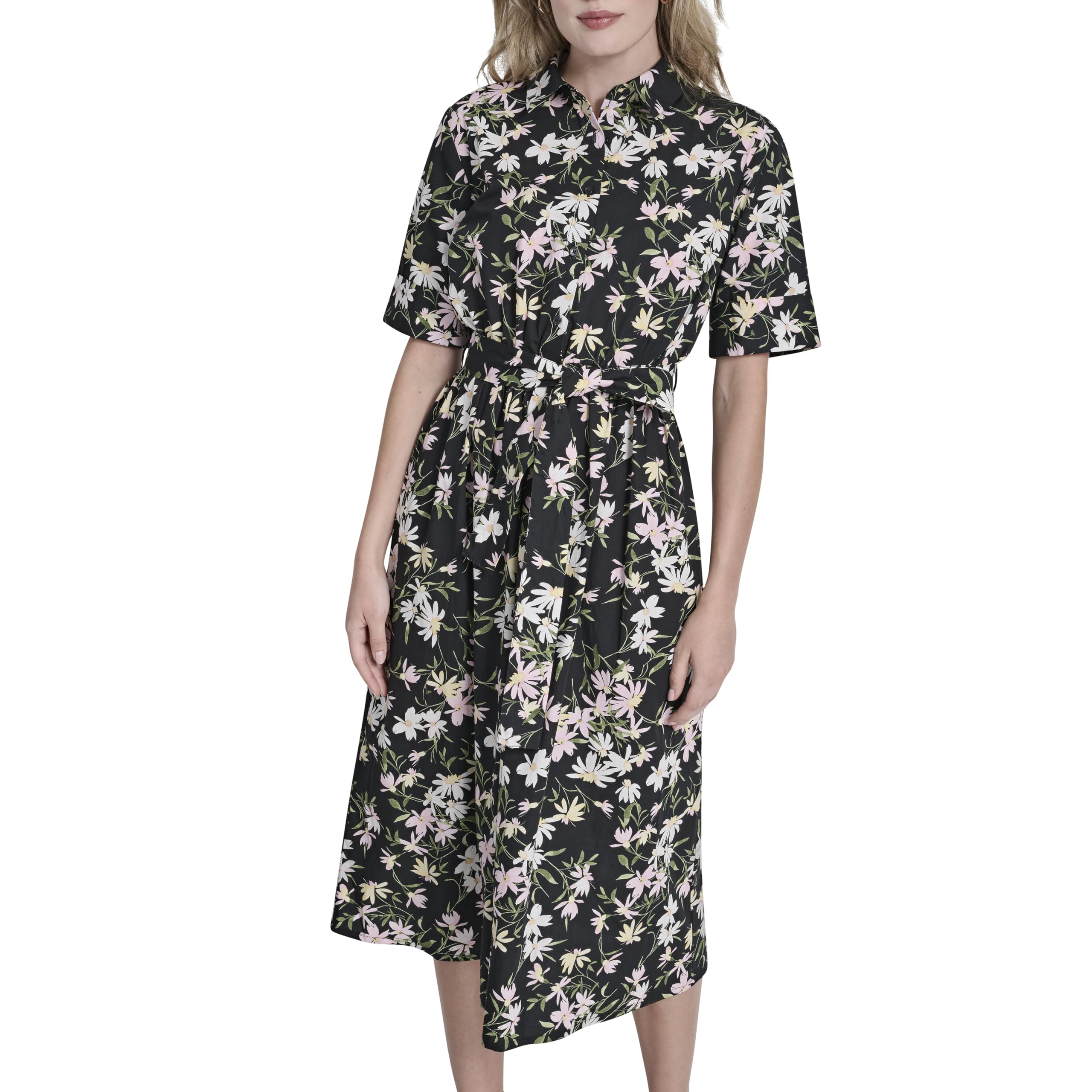 DKNY Women's Short Sleeve Cotton Poplin Collared Midi Shirtdress