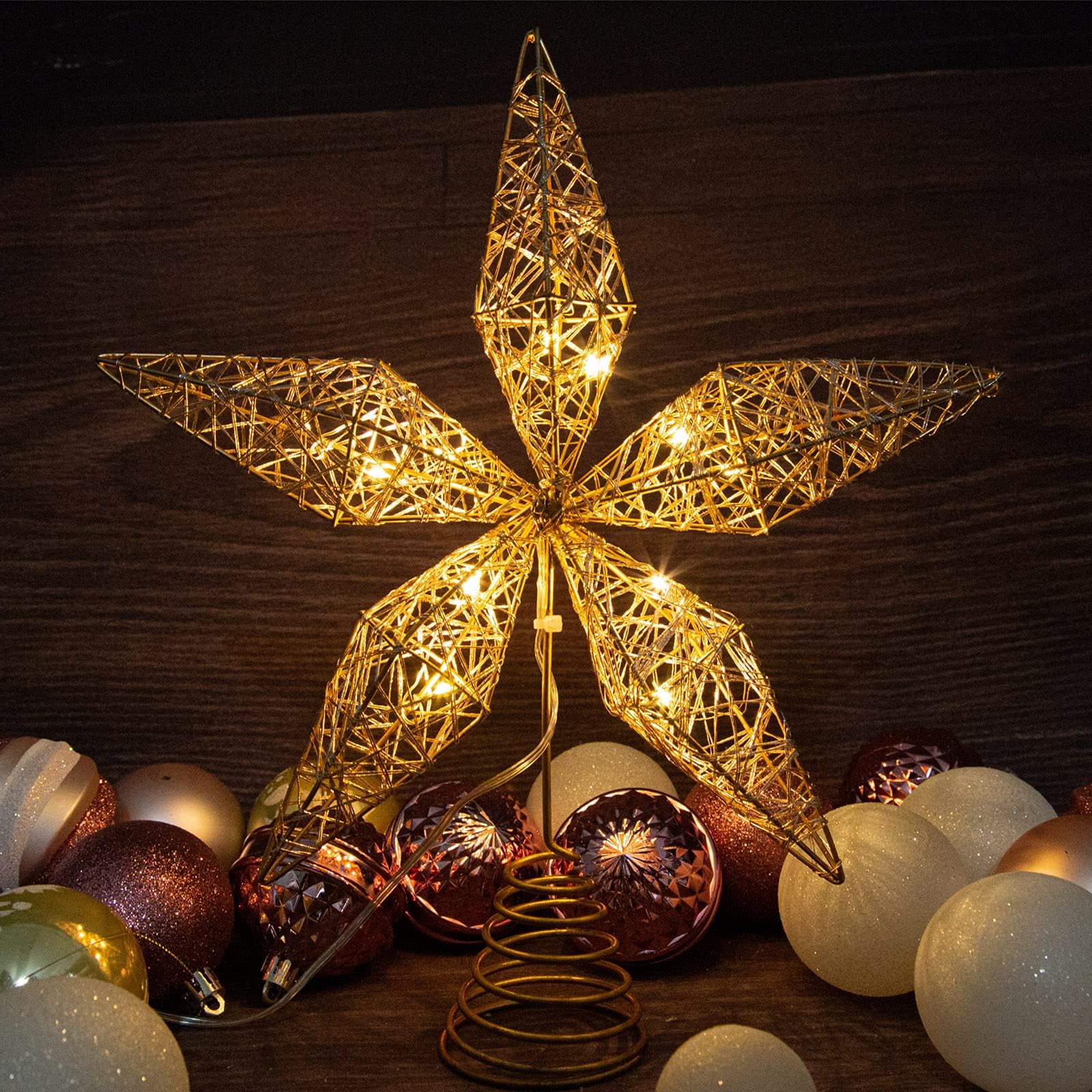 LAWOHO 10 Inch Rustic Christmas Tree Topper Lighted (Timer Mode) - Sparkling 5-Point Star Tree Topper - Xmas Decorations, for Holiday Indoor Home Christmas Ornaments Fireplace Decor (Rose Gold)