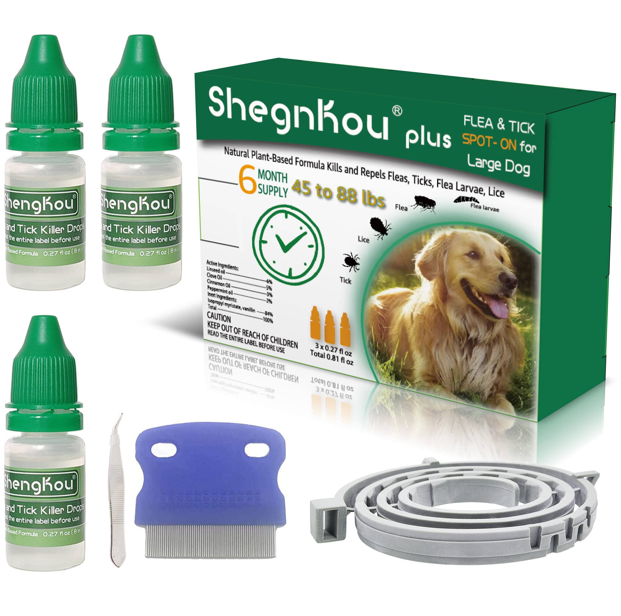 ShengKou Natural Flea & Tick Treatment for Large Dogs (45-88 lbs) | 6-Month Protection + Free Tools | Vet-Reviewed Formula