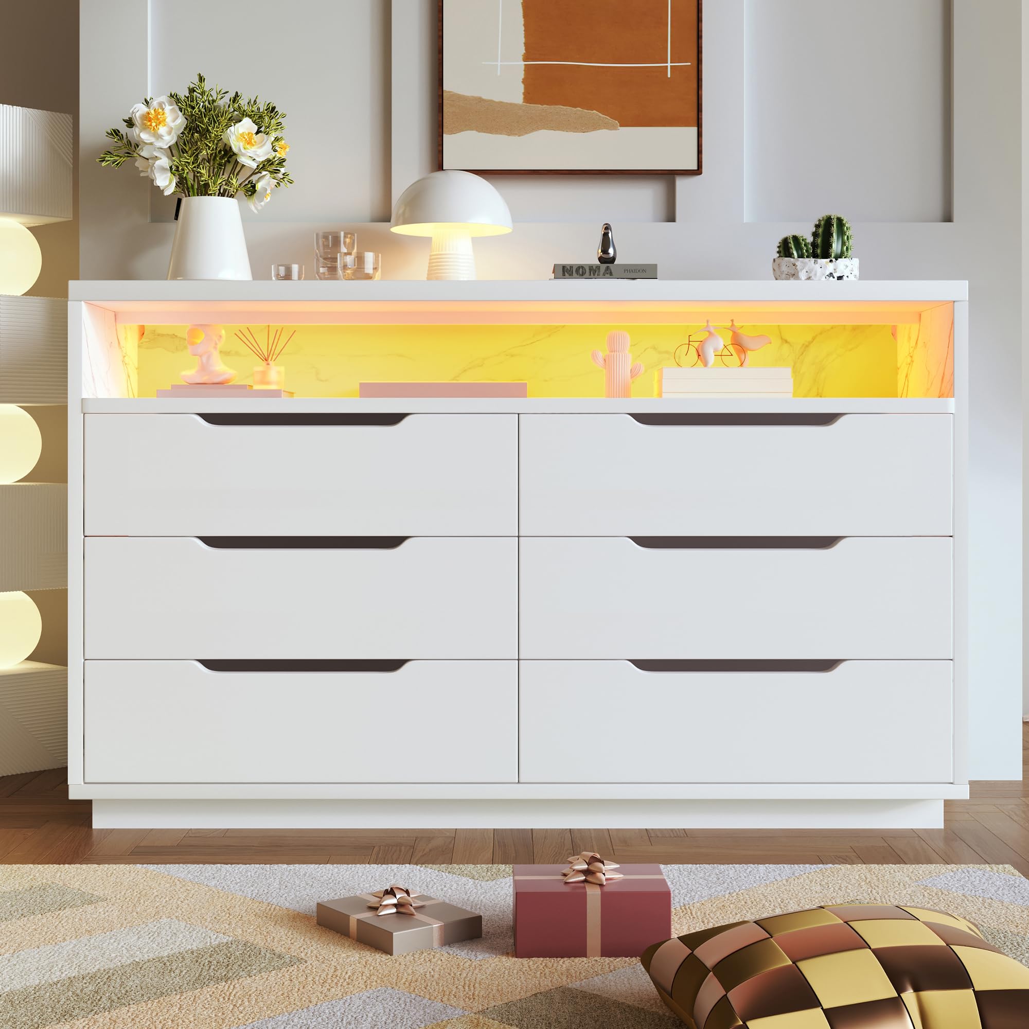 BTM 6 Drawer Chest of Drawers, 6 Chest of Drawers, Marbled 6-Drawer Sideboard, Modern Storage Cabinet with RGB LED Lighting & Shelves, 85x120x40cm, White