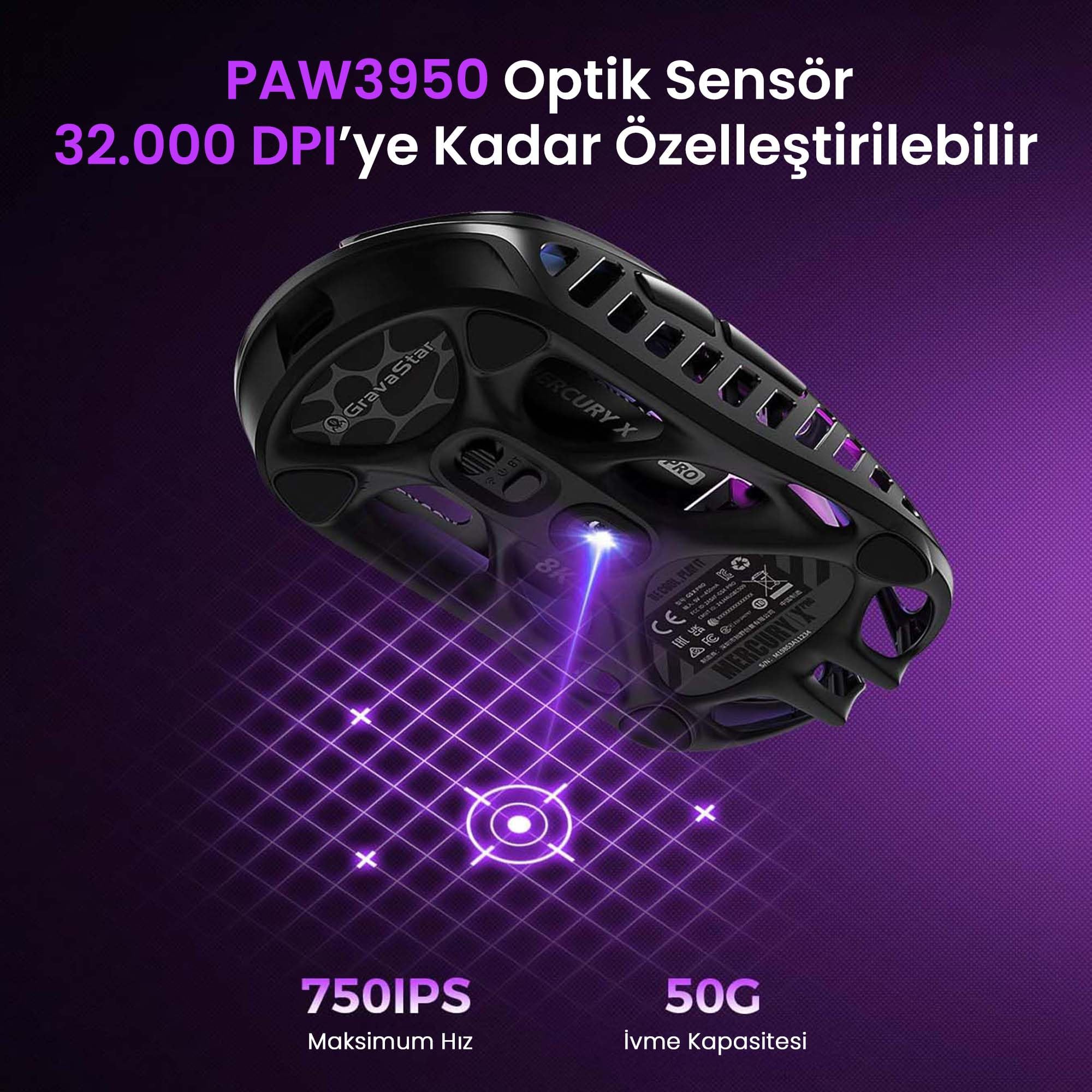 GravaStar Mercury X Pro Kablosuz Oyun Faresi - 32.000 DPI PAW 3950 Sensör, 8.000Hz Yoklama Hızı, Magnezyum Alaşımlı İçi Boş Çerçeve, RGB Aydınlatma, 5 Programlanabilir Düğme, Üç Modlu