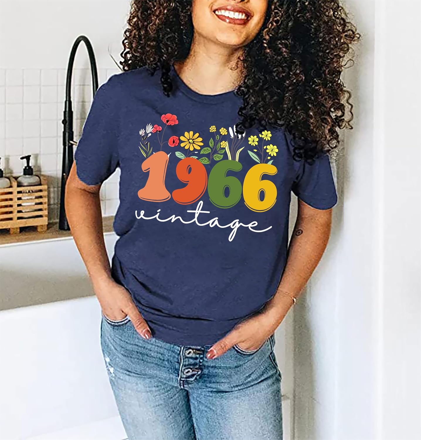 Women 60th Birthday Shirt Vintage 1966 Tshirt Sixty Bday Gift Casual Birthday Apparel Flower Graphic Short Sleeves Tee - Image 6