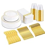 175 Pcs Gold Dinnerware Set, Plastic Plates Disposable for 25 Guests Include:25 Gold Rim Dinner Plates, 25 Dessert Plates, 25 Paper Napkins, 25 Cups, 25 Silverware Set Perfect for Party