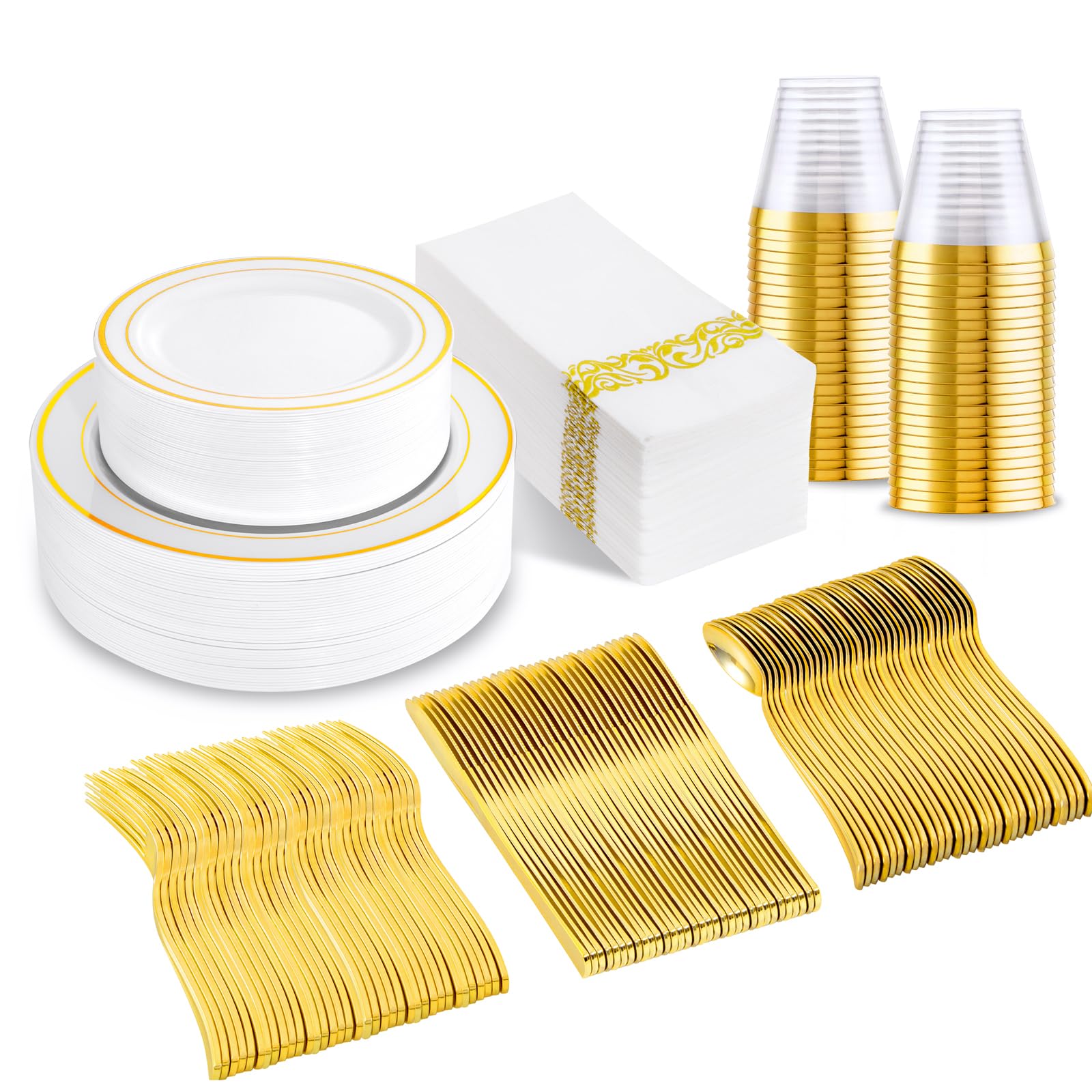 175 Pcs Gold Dinnerware Set, Plastic Plates Disposable for 25 Guests Include:25 Gold Rim Dinner Plates, 25 Gold Dessert Plates, 25 Paper Napkins, 25 Cups, 25 Gold Silverware Set Perfect for Party