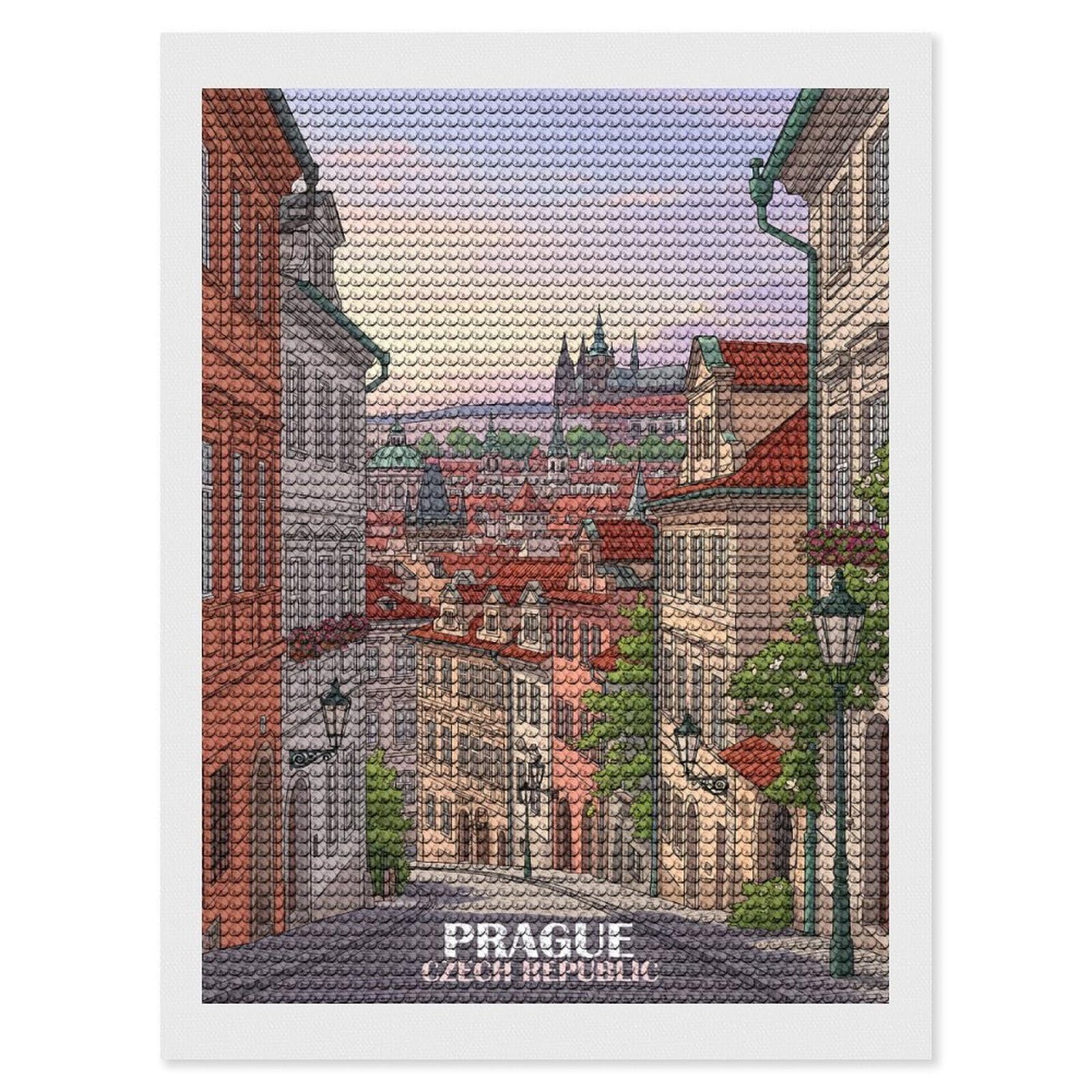 Junmoney Twilight Prague Street & Spires Diamond Painting Canvas Kit 12"x16", Adhesive Canvas, Christmas Gift, Full Kit Included, Thoughtful Present