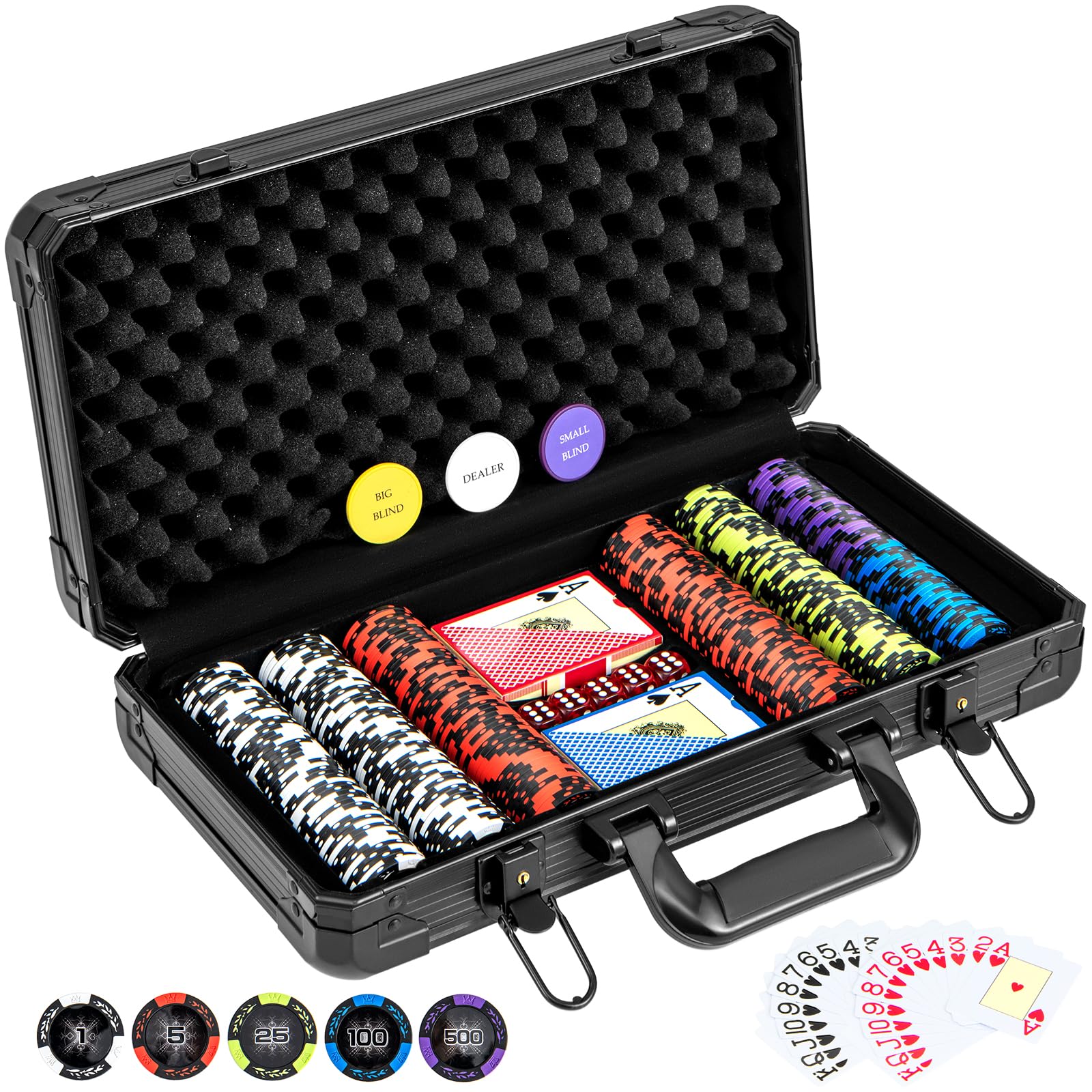 COSTWAY Texas Holdem Poker Set with Chips, 2 Decks of Cards, Dealer Buttons, 5 Dices and Aluminum Case, Casino Style Game Set for Family Friends Party (300 Pieces)