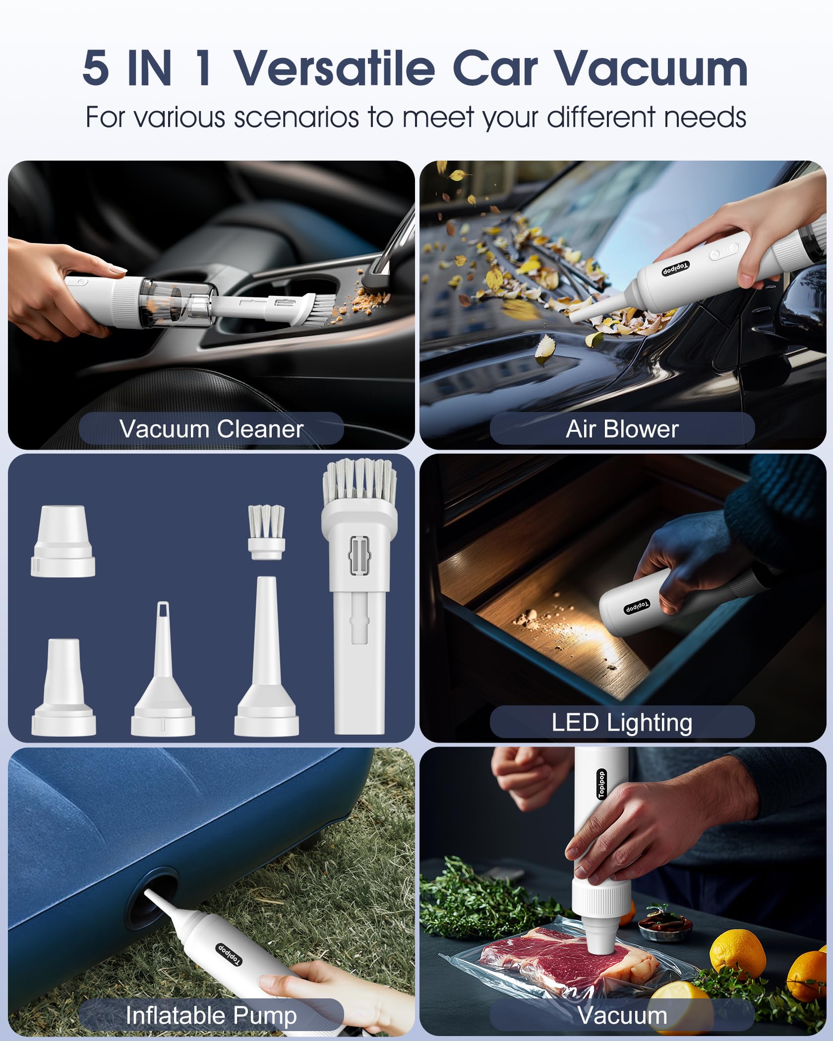 Topipop Aspirador De Coche, Aspirador Inalámbrico 21000pa, Aspirador De Coche Potente 4 En 1, Carga Rápida USB, Aspirador para Cabello, Coche, Hogar, Oficina