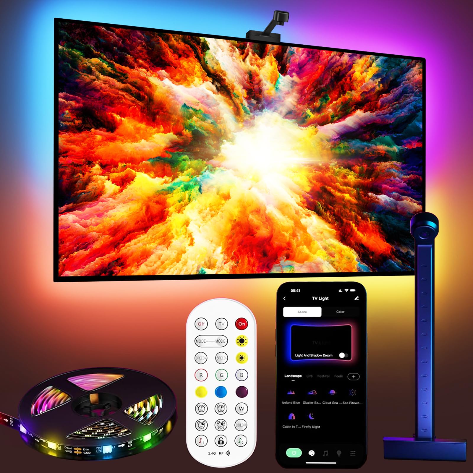 Retroilluminazione TV 3 Lite con Funzione di Correzione Fish-Eye, Sync per TV da 55-75 Pollici, Striscia LED WiFi TV RGBICW da 5 m con Fotocamera, 4 Colori in 1 Lampada Bead, Telecomando