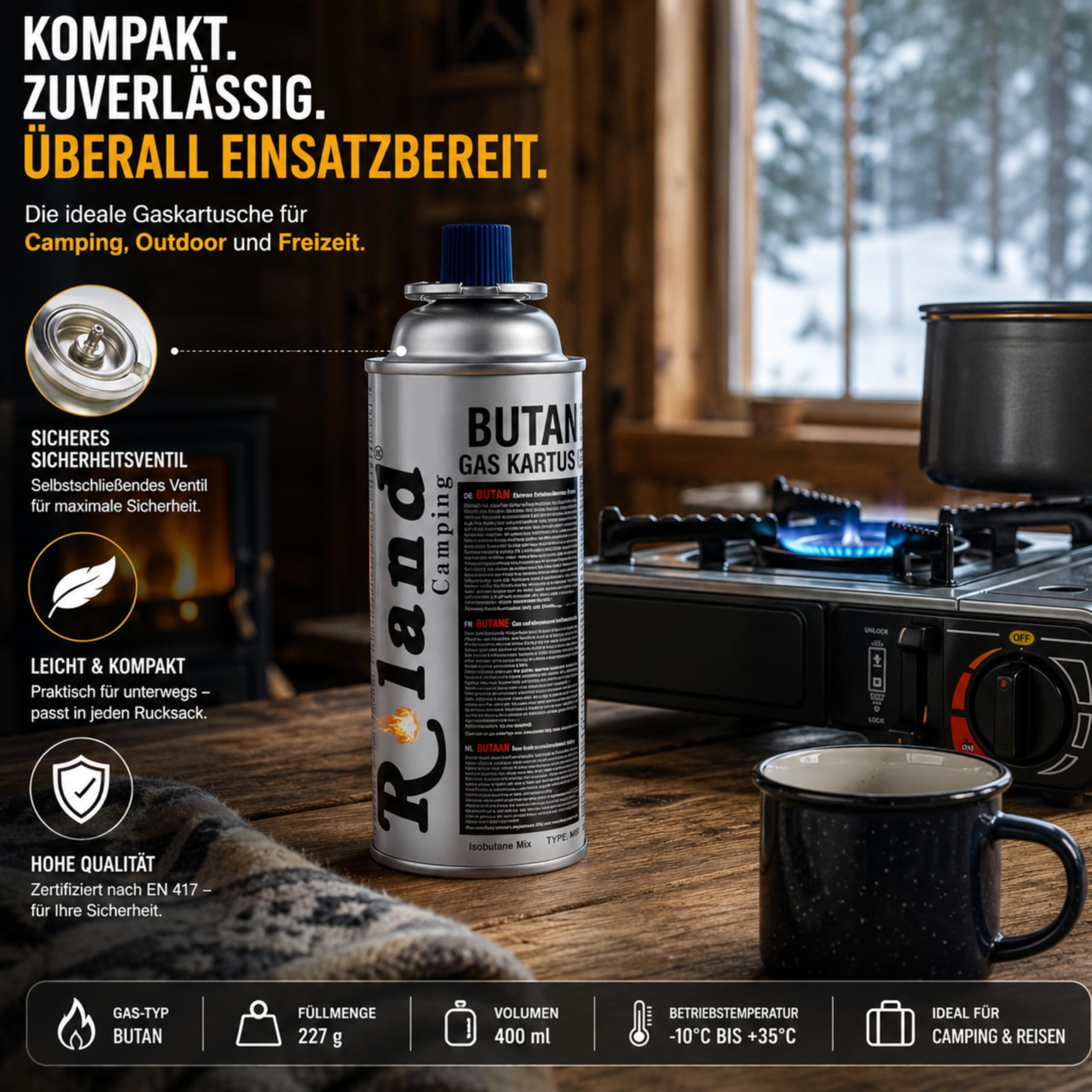 Roland Camping Butan Gaskartusche 227g – 28 Stück Gaskartuschen für Schweißbrenner Gaskocher, Lötbrenner & Heizung – Premium Qualität Butangas mit oder ohne Gasbrenner (28 Stück)