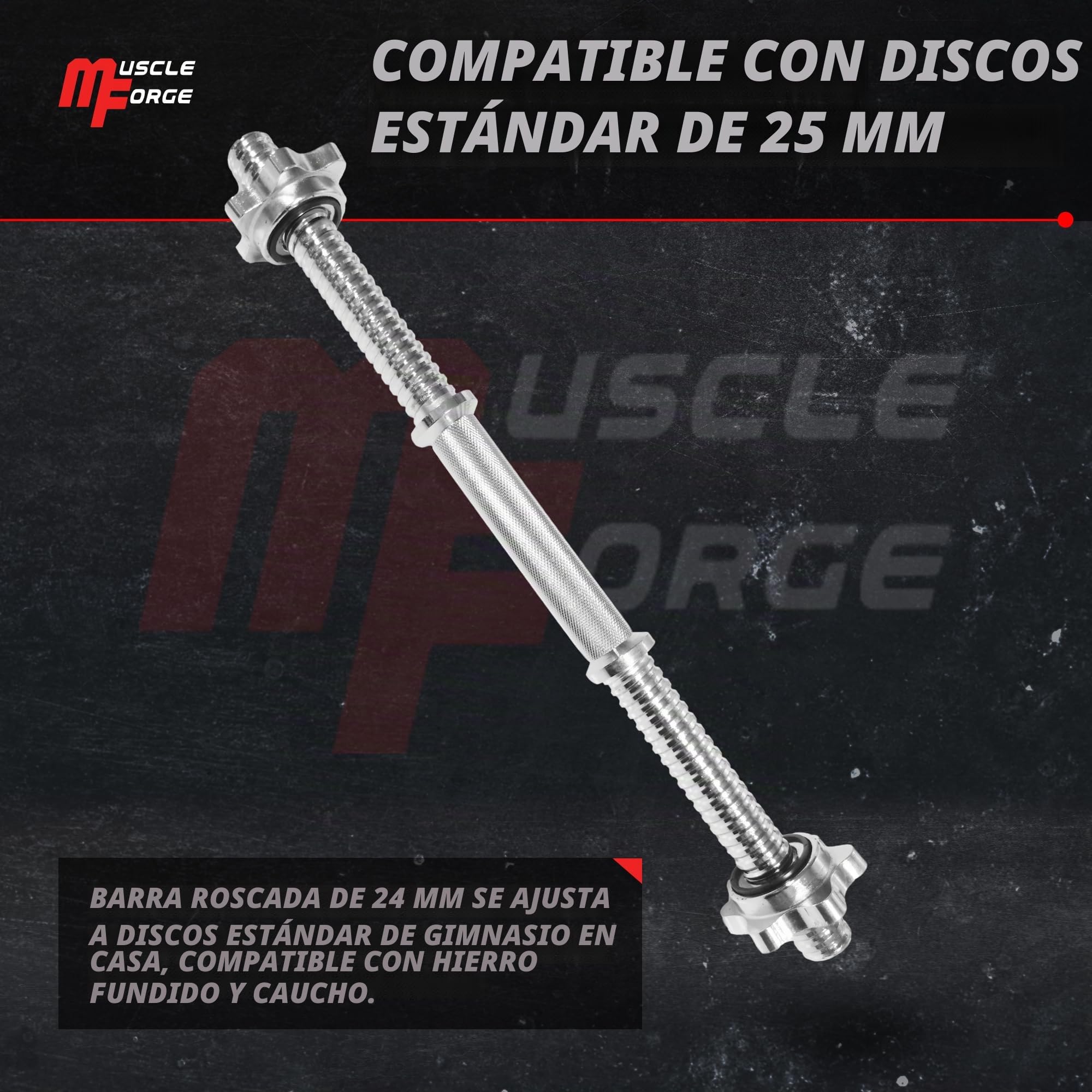 Barra Mancuernas 45 cm – Barra Pesas Roscada Extra Larga con Collares Estrella, Acero Cromado 25-28 mm – Agarre Antideslizante, Carga Alta – Uso En Hogar y Estudio, Curls, Press, Remo
