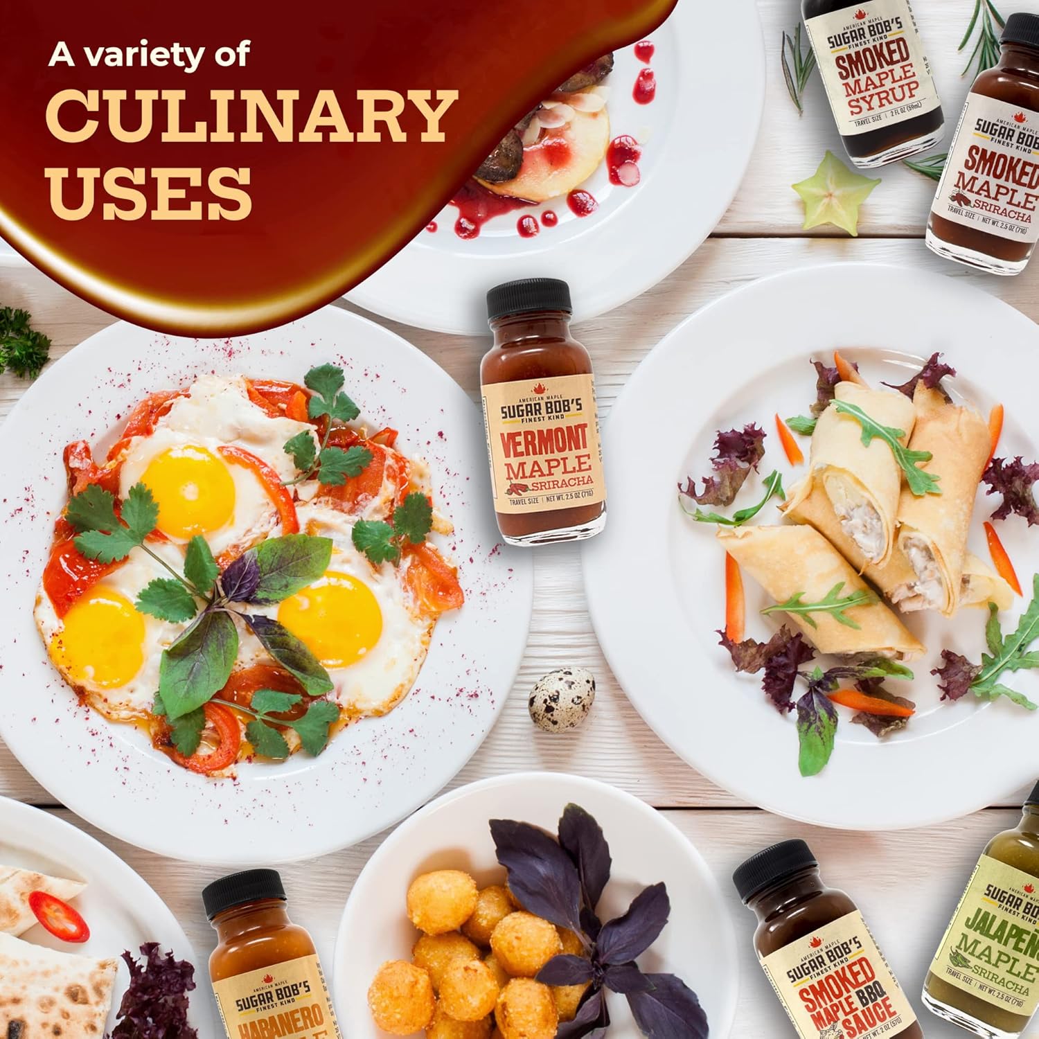 Sugar Bob's Finest Kind - Savory Maple Pantry 6 Flavor Variety Pack - Smoked Maple Syrup, BBQ Sauce, Maple Sriracha Hot Sauces & More - 2 oz Size