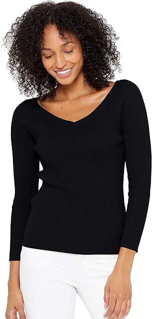 State Cashmere Women's 100% Pure 2-Ply Cashmere Easy V-Neck Sweater Ribbed Long Sleeve Pullover