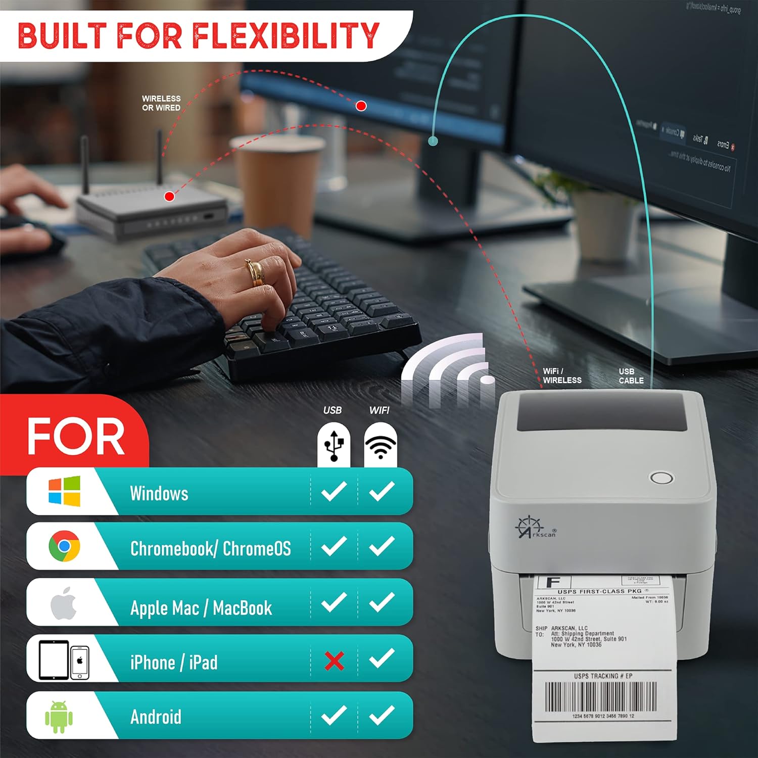 Arkscan 2054K-WF Shipping Label Printer Support USB & WiFi Connection, Work w/iPhone Windows Mac Chromebook Android Support Amazon Ebay Paypal Shopify Shipstation UPS USPS FedEx Direct Thermal Labels - Image 4