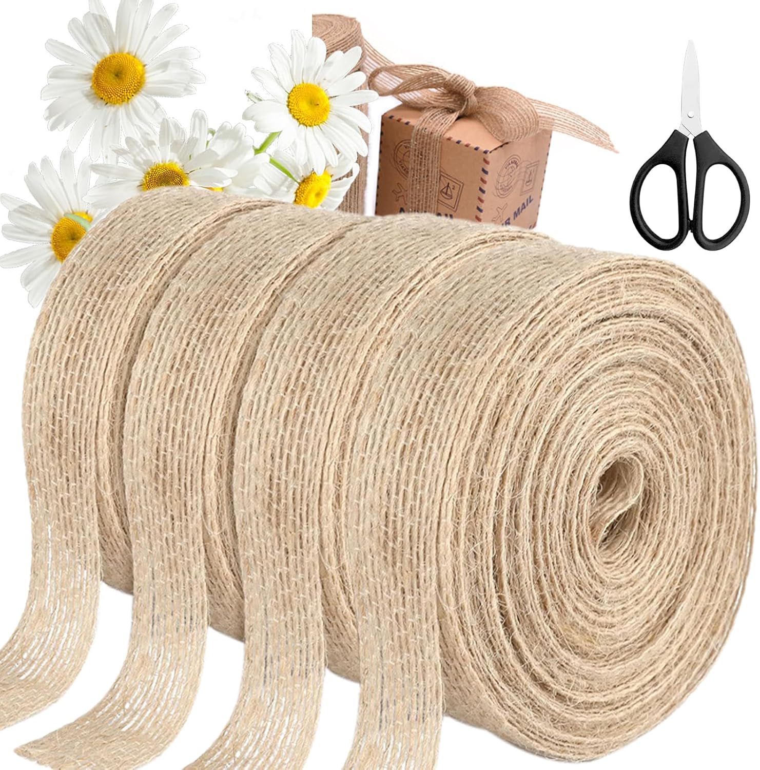 4 Rolls 2CM Hessian Ribbons, VEGCOO 10M Jute Ribbon Burlap Craft Strap Brown Gift Wrapping Strap, Natural Hessian Ribbon for Florist, Crafts, Gift Wrapping, Birthday, Christmas, Wedding Decorations