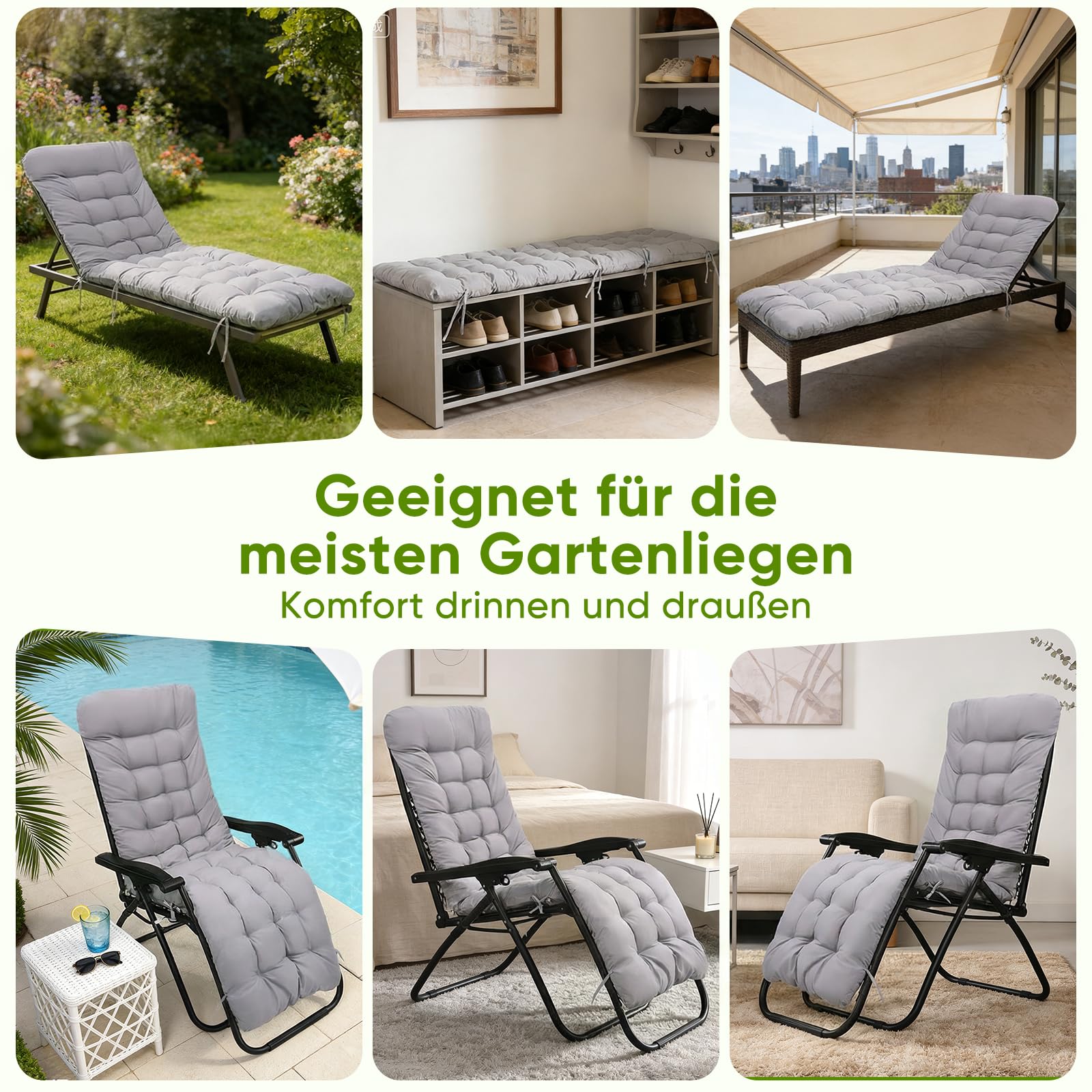 Lot de 2 coussins pour chaise longue - 170 x 53 x 8 cm - Épaisseur : 170 x 53 x 8 cm - Pour chaise longue - Avec cravate - Pour vacances, extérieur, chaise longue - Gris