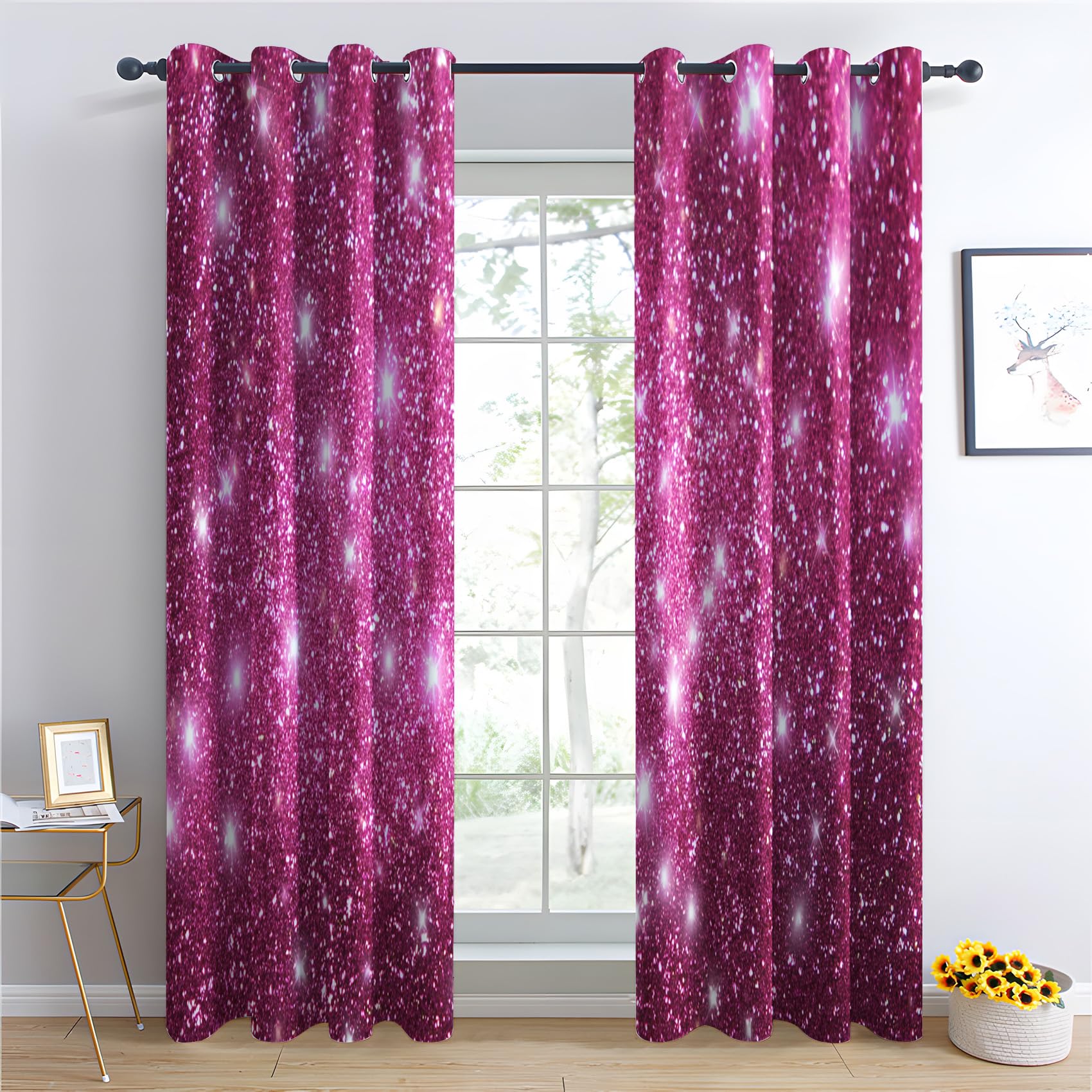Venivici Pink Glitter Blackout Curtains for Bedroom Living Room - 90 Inch Drop Curtains Eyelet, Star Modern Luxury Patterned Window Treatments, Thermal Insulated Drapes 66x90 2 Panels