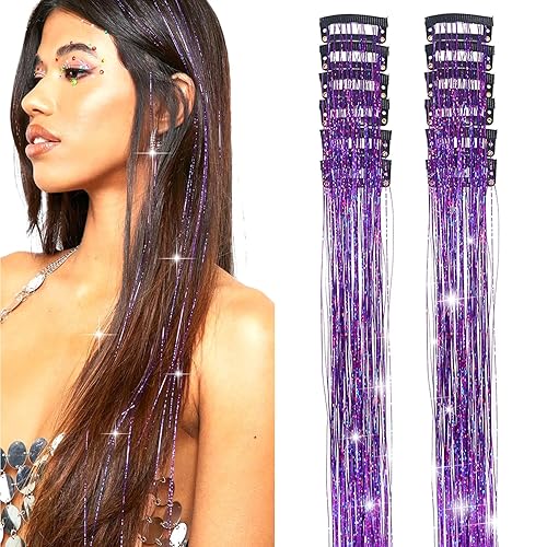12 extensiones de cabello de oropel con clip de oropel con purpurina de 19.6 pulgadas, kit de oropel resistente al calor, accesorios de cabello de