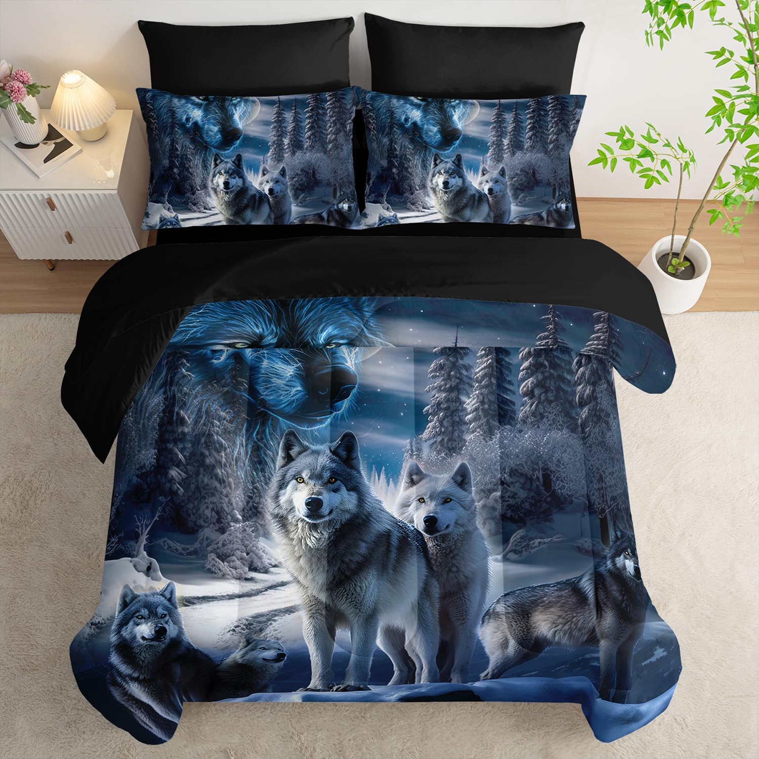AILONEN Boys Wolf Comforter Set Twin 7-Piece Bed in a Bag,Snow Wolf Printed Bedding Set for Kids Adults,Safari Wolf Animal Comforter & Fitted Sheet with Flat Sheet,2 Pillowcases,2 Pillow Shams,Black