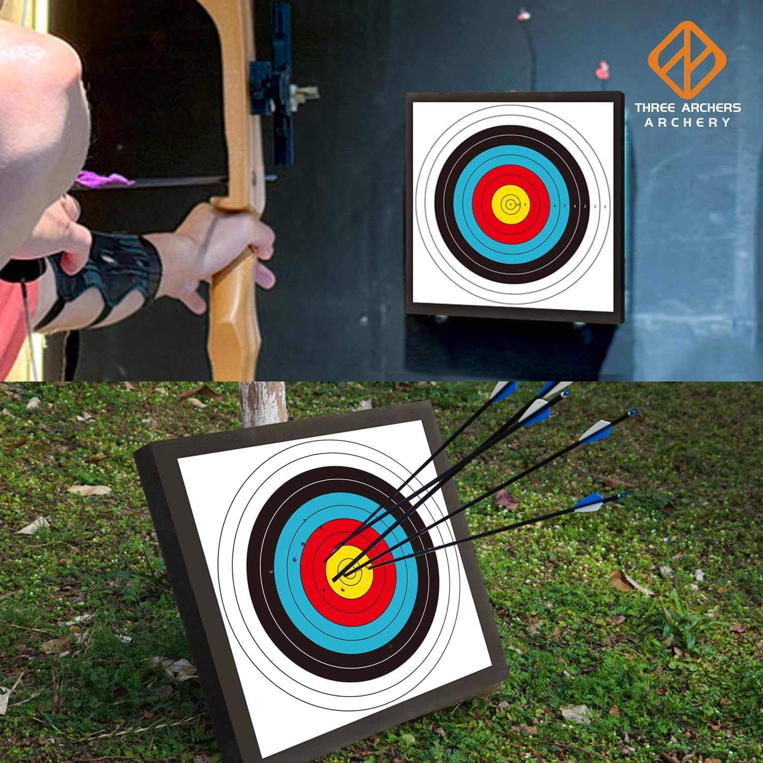 THREE ARCHERS Zielscheibe Bogenschießen 50x50cm Zielscheibenset Leichte und Langlebige Hochdichte Schaumscheibe mit 5 Auflagen und 4 Scheibennägeln für Bogensport Ziel