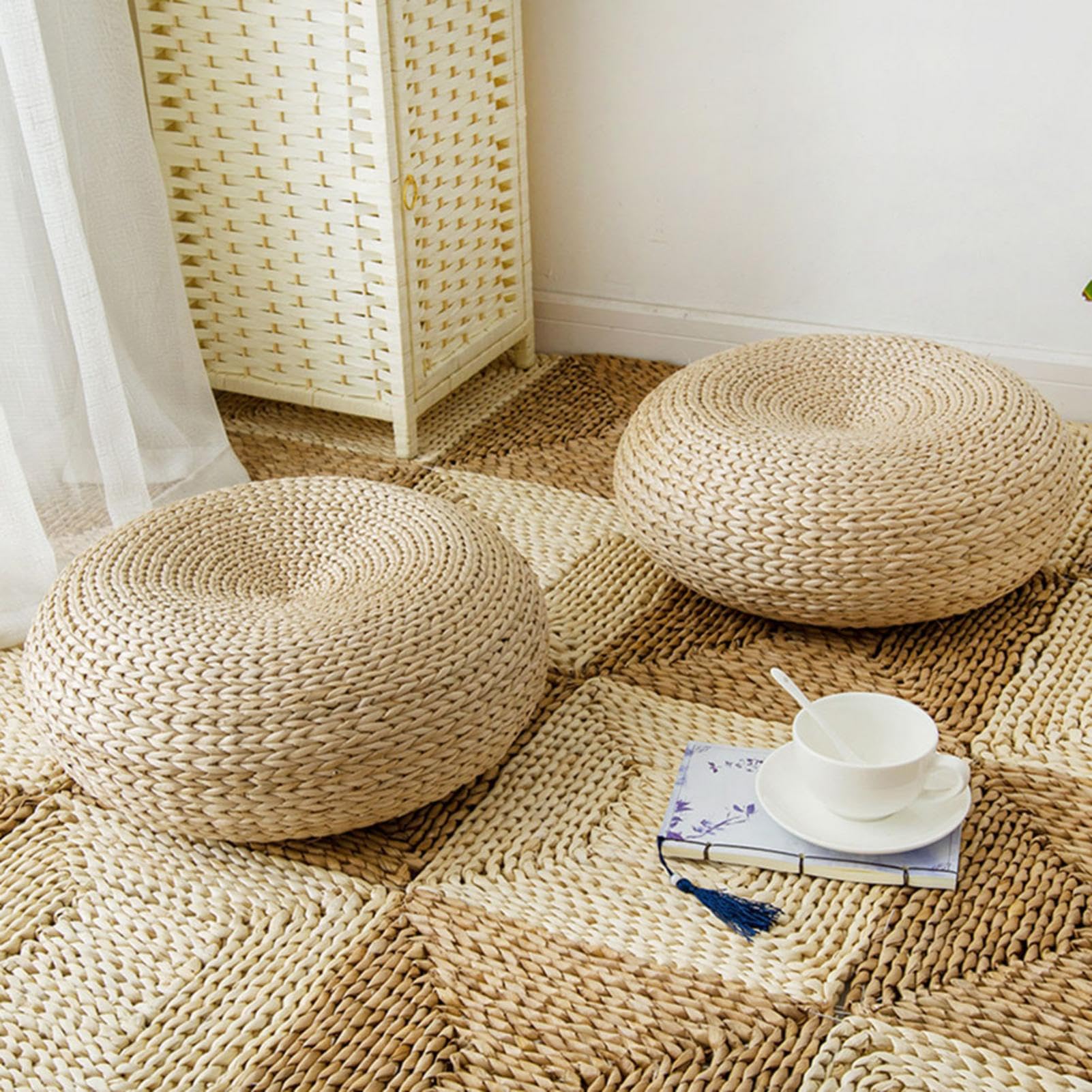 Futon, Cuscino in Vimini Naturale, Cuscino rotondo Tatami, Cuscino Seduta in Paglia da Terra Rotondo Tatami, Traspirante, Cuscino Rotondo da Pavimento, Decorazione per Salotto da Giardino