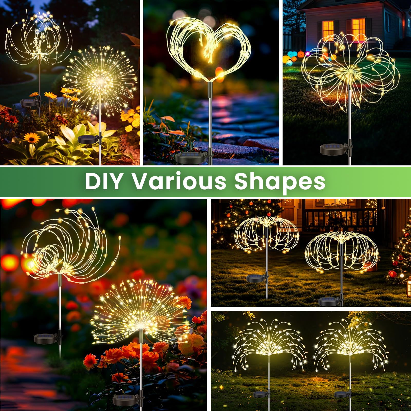 Lot de 4 Lampes Solaires d'extérieur pour Jardin, Feux d'artifice solaires en forme de pissenlit, 120 LED, 8 Modes, éclairage étoilé, Lampe de Jardin étanche pour Pelouse, allée, Cour, Blanc Chaud