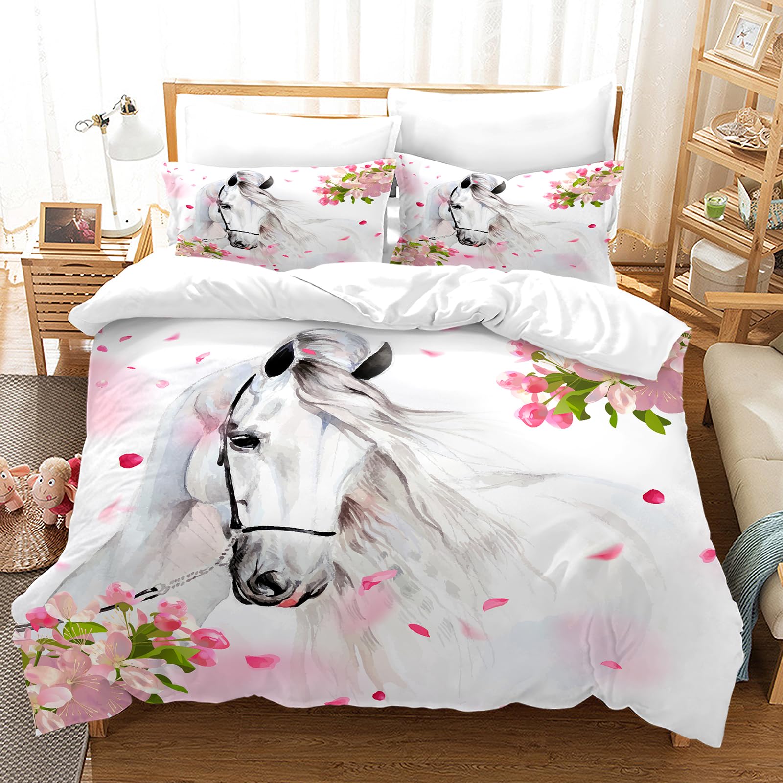 Bedding Duvet Cover Set 3D Print Horse Quilt Cover Bedding Sets, Animal Horse Print Single Double King Size Microfibre Duvet Cover Set with Pillowcases,for Boys Girls (Horse 01, 135cm200cm)