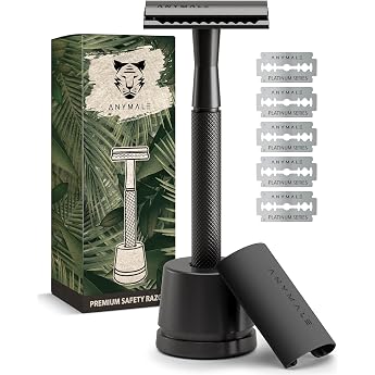 Men's Safety Razor Black Edition Including 5 x Replacement Blade Set & Stand - Wet Razor & Men's Razor Zero Waste Metal with 5 Blades - Men's Razor & Blade Razor Safety Razor