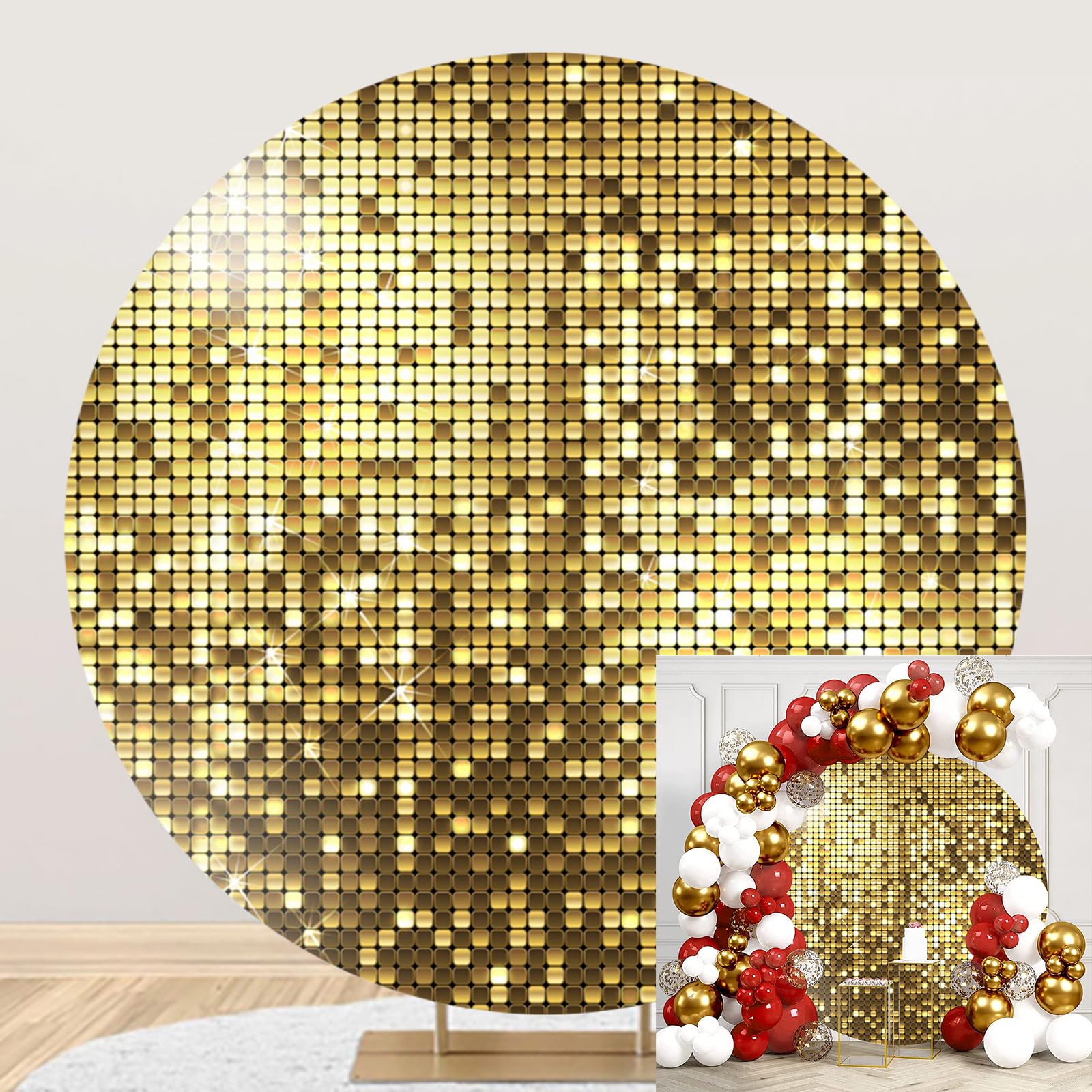 Telón de fondo redondo de lentejuelas doradas de 6.5 pies, cubierta de cumpleaños dorado brillante para niña, dama, celebración, fotografía, telón de fondo para niños