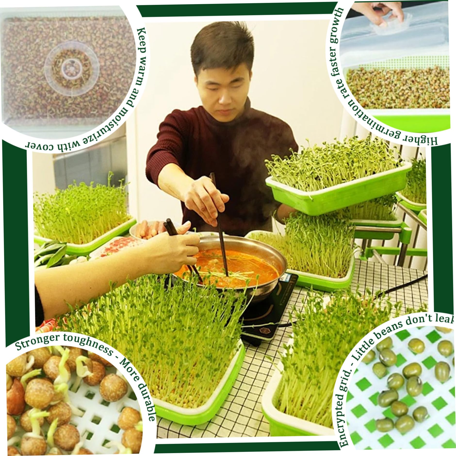Microgreens-Anzuchtschalen, 25, 4 x 30, 5 cm, Sprossen-Anzuchtset, 11, 9 cm große Sprossenschale mit Deckel, Wiederverwendbare Samen-Starterschale für Weizengrasbohnen, Samen-Sprossen-Set