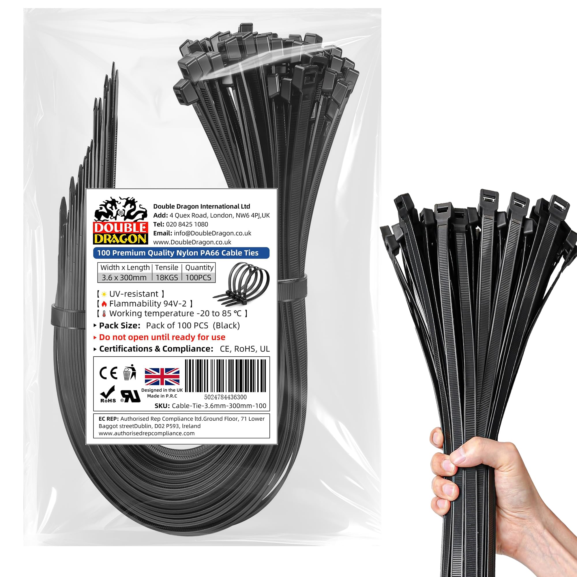 Double Dragon 3.6 mm × 300 mm Heavy‑Duty PA66 Nylon Cable Ties – 100 Pack | 18 kg (40 lb) Tensile Strength | UV‑ & Weather‑Resistant Self‑Locking Zip Ties | CE • RoHS • UL