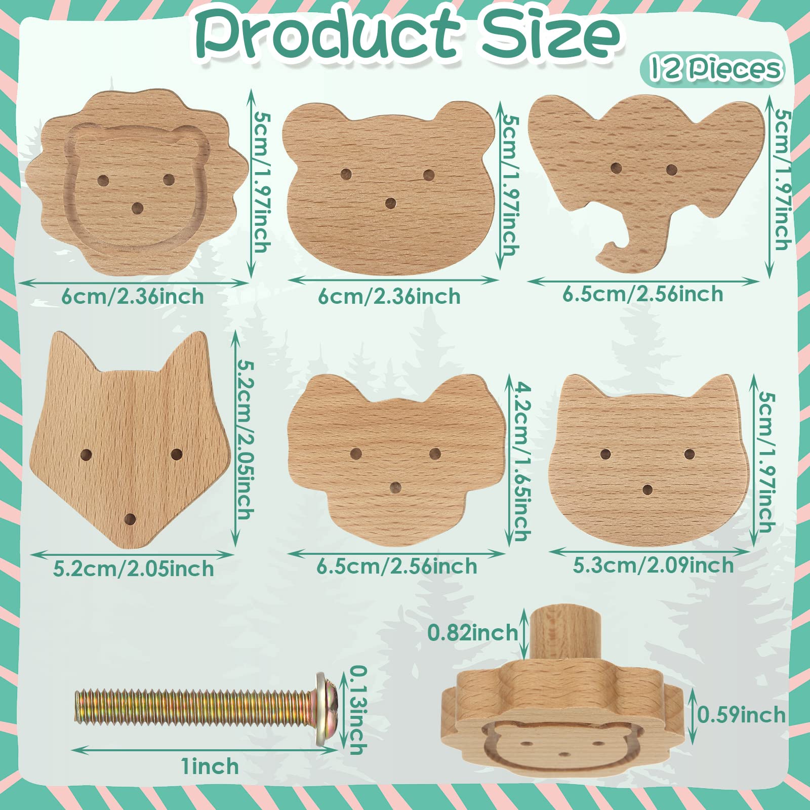 Qunclay, Pomelli decorativi in legno a forma di animale per cassettiera, con viti, per cassettiera, maniglie per la cameretta dei bambini, decorazione per mobili per la casa, carini, set da 12