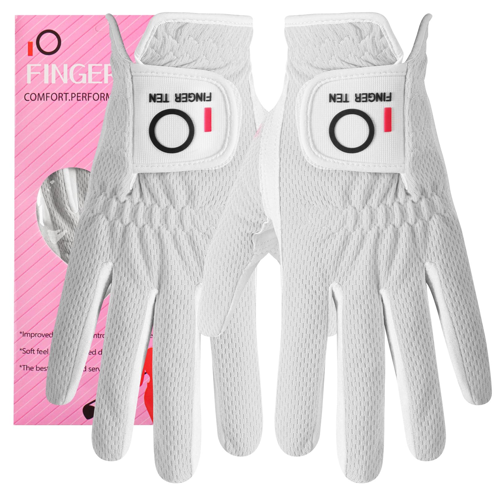 FINGER TEN Women’s Golf Glove Left Hand Right Microfiber Grip Rain Hot Wet All Weather Both Hand Pair or 2 Pack, Ladies Golf Gloves Soft Flexible Durable Wear Resistance Grip
