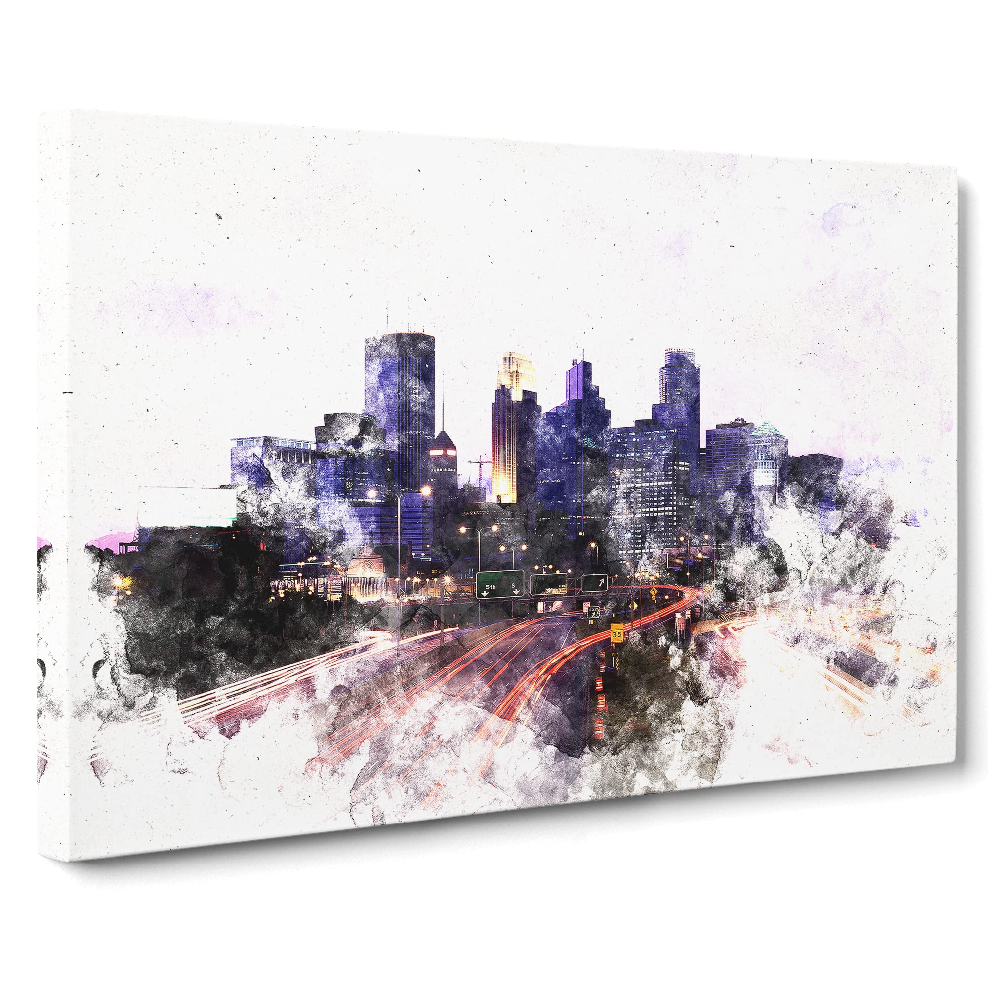 Minneapolis Skyline At Dusk Watercolour Canvas Print, Mixed, 25L x 50W cm