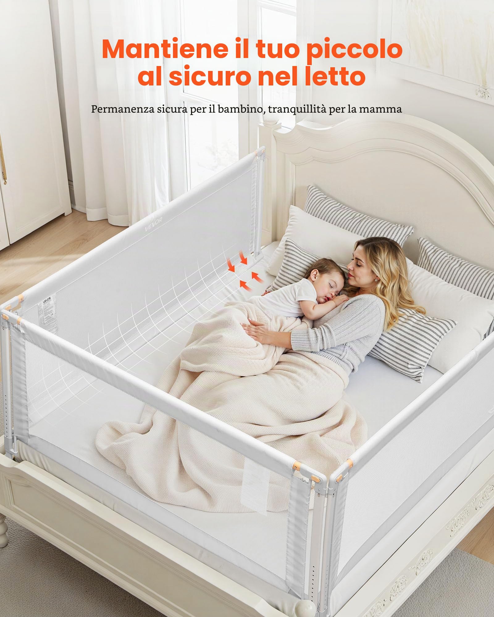 VEVOR Sponda 3 Lati per Letto per Bambini Lunghezza 2 m, Barriera per Lettino per Neonati con Tubo di Ferro Rinforzato, Tessuto Oxford, Altezza Regolabile, per Materassi di Spessore 5-27 cm