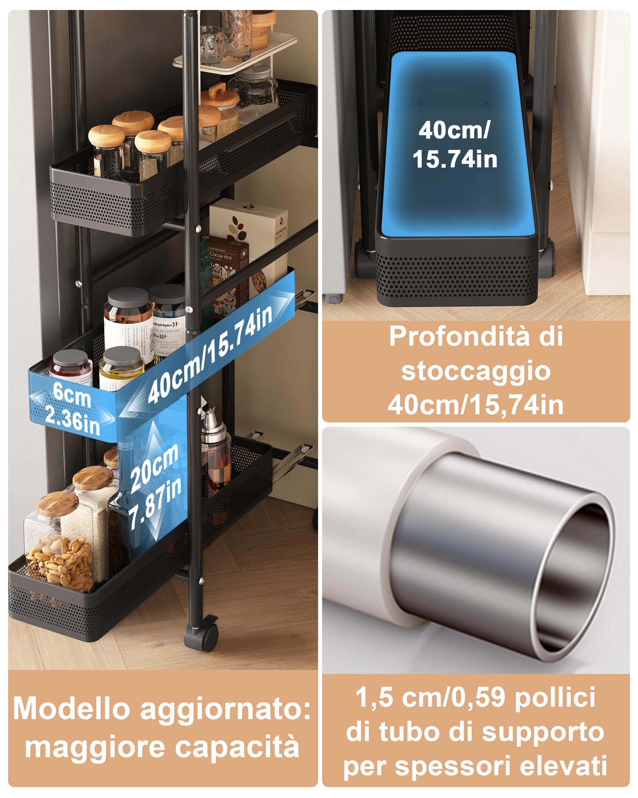 UMDONX Carrello Cucina con Ruote Stretto con Cassetti Estraibili,Nero | Carrello Cucina Salvaspazio Portaoggetti a 4 Livelli in Metallo,Carrello di Servizio Sottile con Ruote per Cucina Bagno