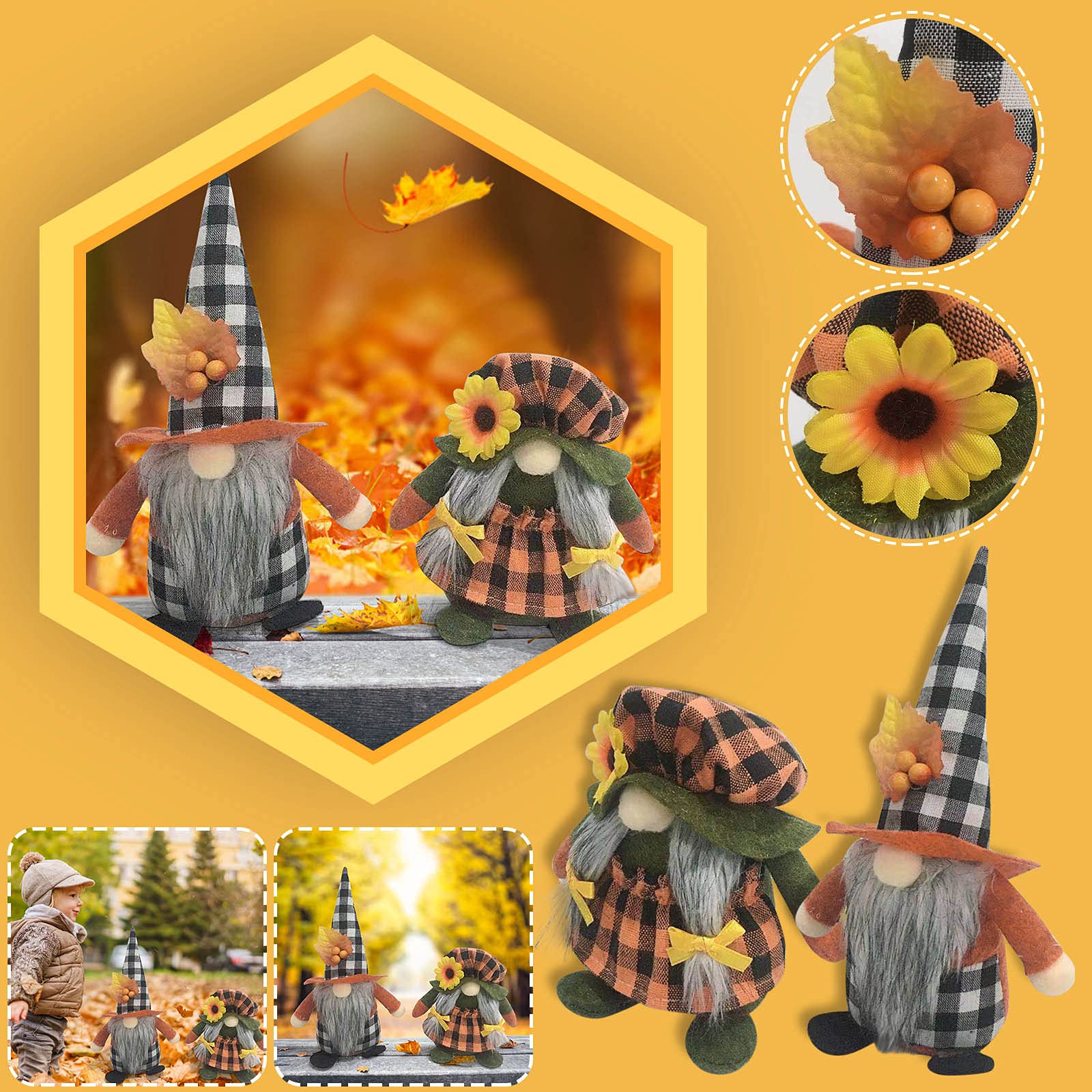 Fall Harvest Gnome 2Pcs Thanksgiving Decorative Plush Gnomes Sunflower Maple Leaf Buffalo Plaid Decorated Dolls Garden Decoration Home Kitchen Decor Shelf Tiered Tray Ornaments