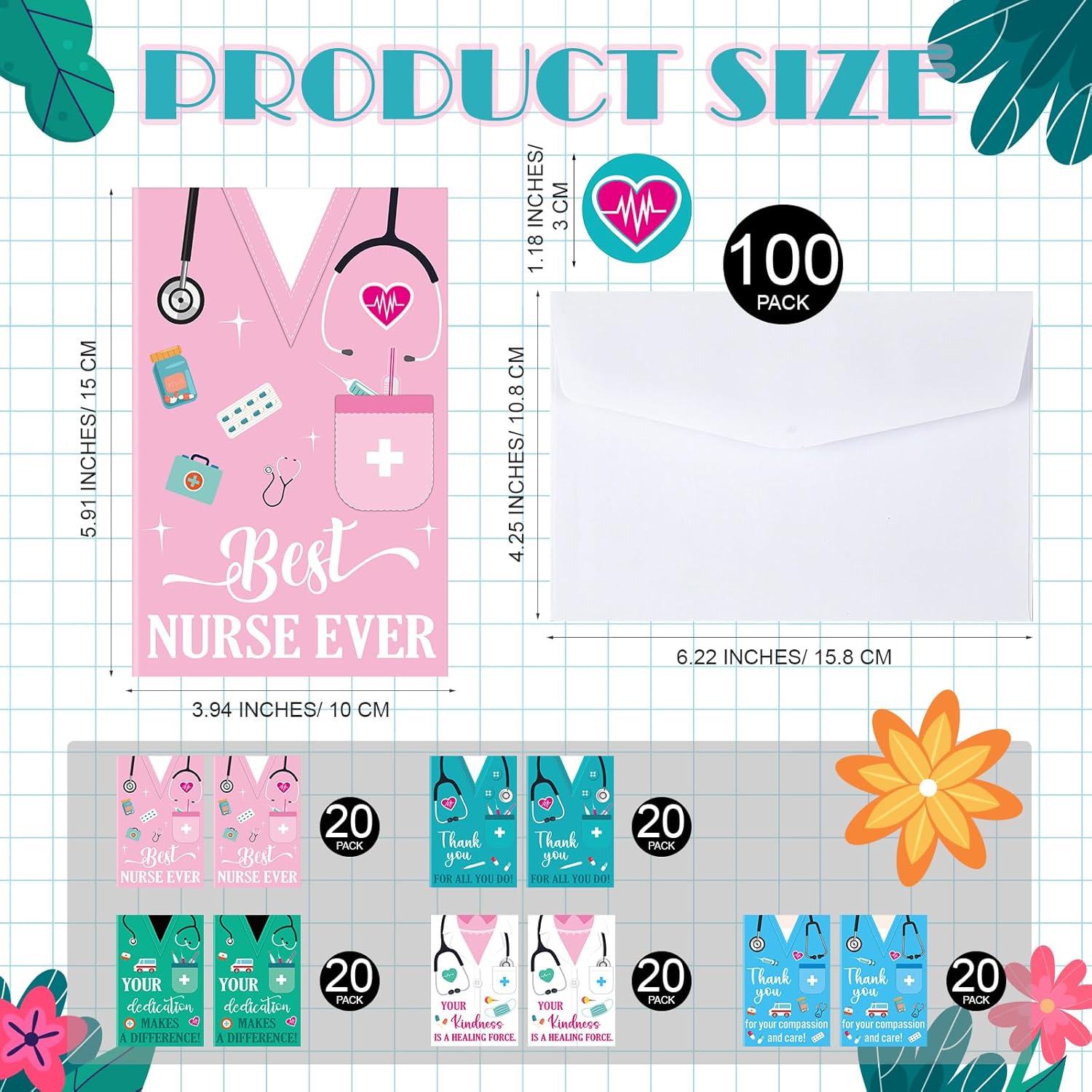 Eaasty 100 Sets Nurses' Day Cards with Stickers and Envelopes Blank Inside Funny Card 5 Style Greeting Card Designs