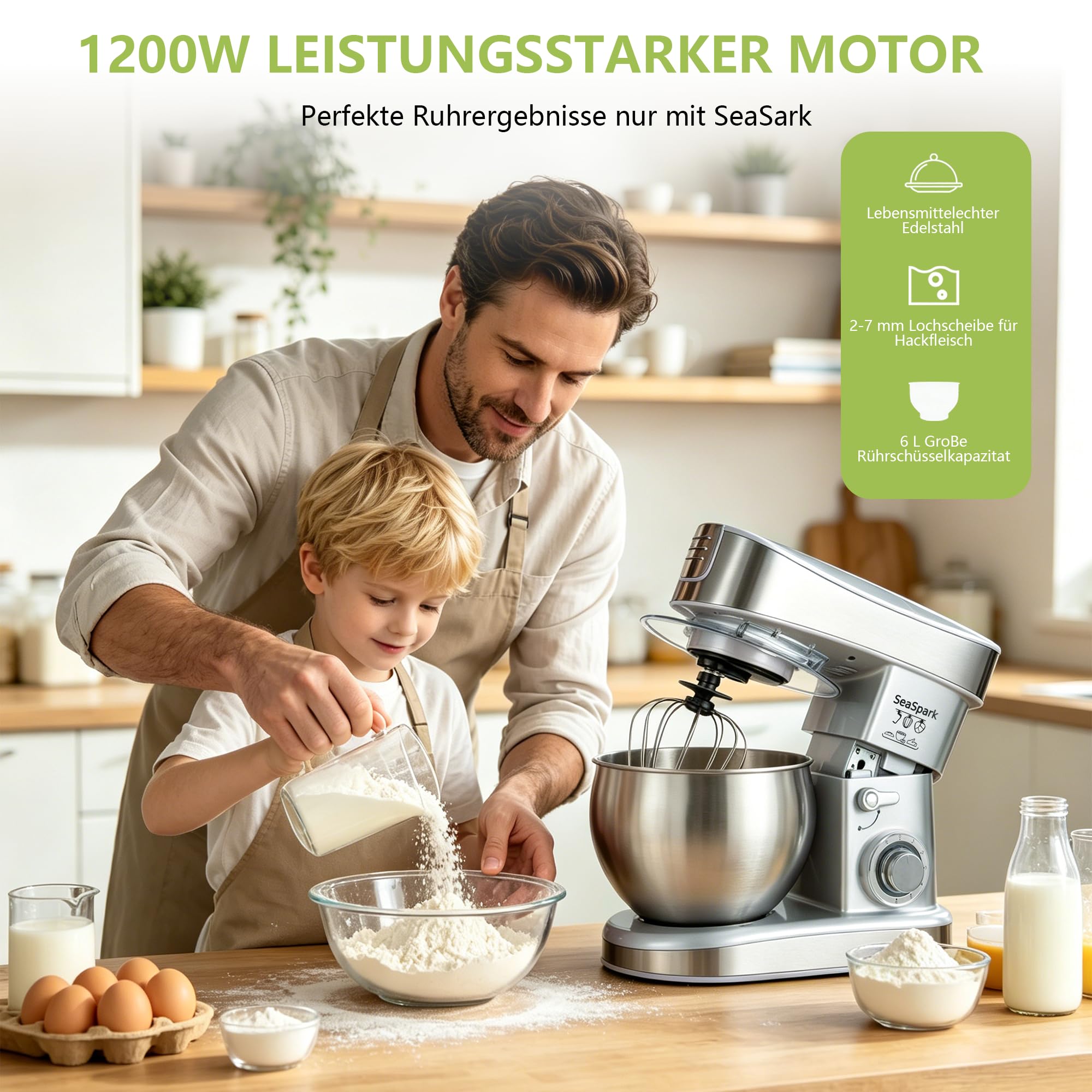 Küchenmaschine, 6 L Knetmaschine 1200W, 6 Geschwindigkeits Küchenmaschine, Teigmaschine mit Rührhaken, Knethaken, Schneebesen und Spritzschutz, Silber