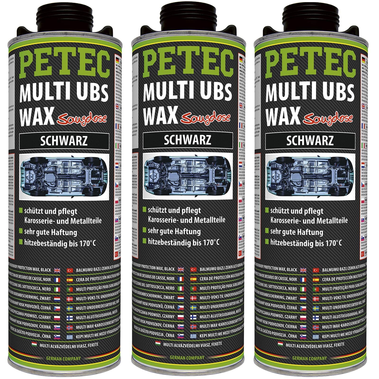 BandelOne enthält 3X 1L PETEC Unterbodenschutz Multi UBS Wax Saugdose Steinschlagschutz Schwarz