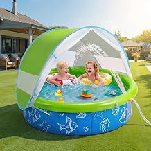 Kiddie Pool with Canopy, 47", Foldable No-Inflate, Built-in Sprinkler Water