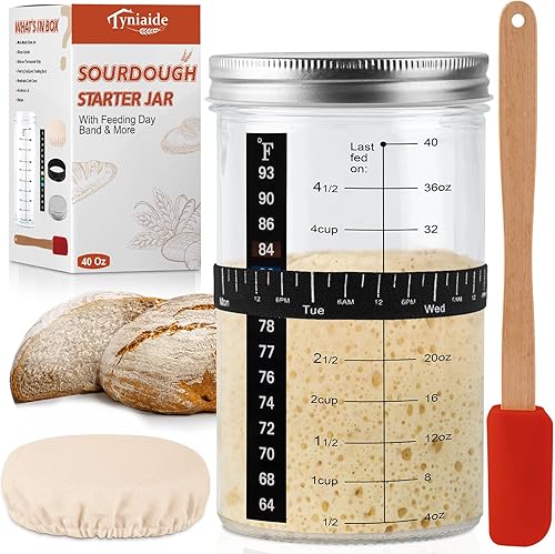 Tyniaide Kit de inicio de masa madre de 40 onzas 40.6 fl oz - Tiras de termómetro adicionales y cubiertas transpirables incluidas en el tarro de