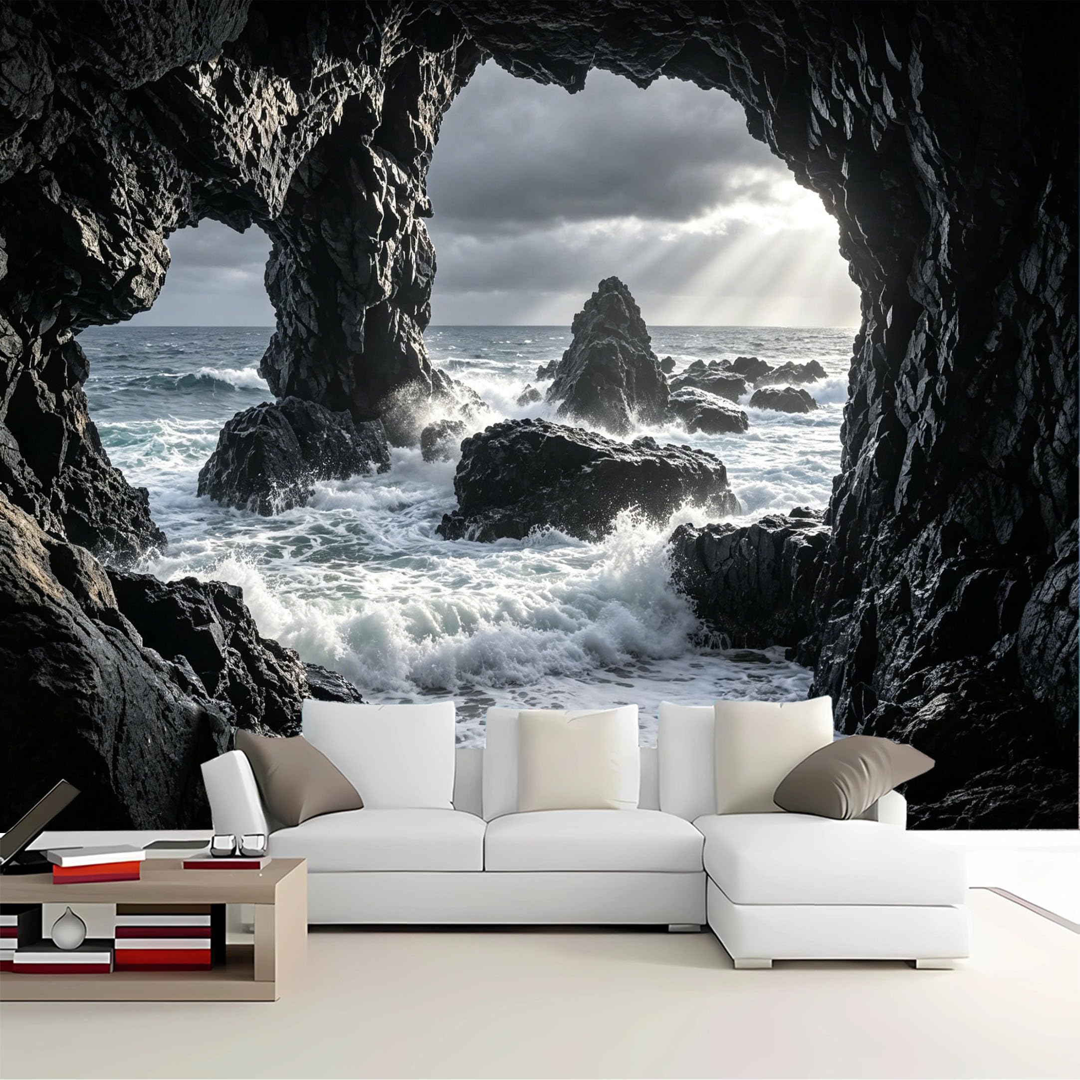 Custom Size Wall Mural Cave View Stormy Ocean Removable Self Adhesive Peel and Stick Wallpaper for Bedroom Living Room Dining Room