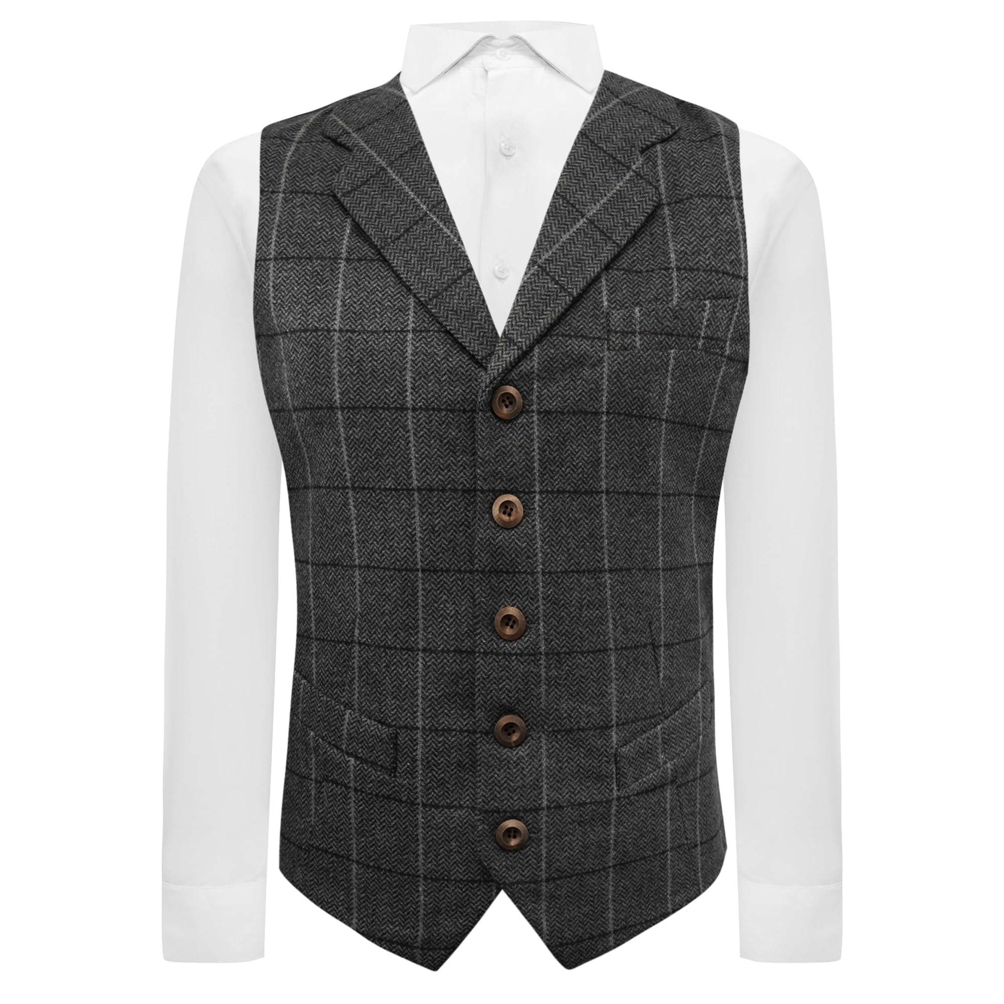 King & Priory Graphite Grey Herringbone Check Waistcoat with Lapel (Small | 36in Chest)